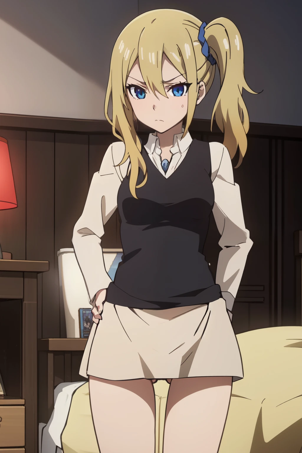 Anime background art, bottom of room, one bed, standing, beautiful anime scenes, 4K anime art wallpaper, 4k anime art wallpaper, Rosla global illumination, anime girl, best quality, detailed, 1 girl, alone, same as LORA, same as lora, closed mouth, angry, blonde hair, head accessory, hair tie, short hair, ponytail hairstyle, one side ponytail hairstyle, defined eyes, blue eyes, looking at viewer, perfect face, perfect eyes, naked, perfect face, perfect eyes, showing her vagina, perfect vagina, legs open, open vagina.