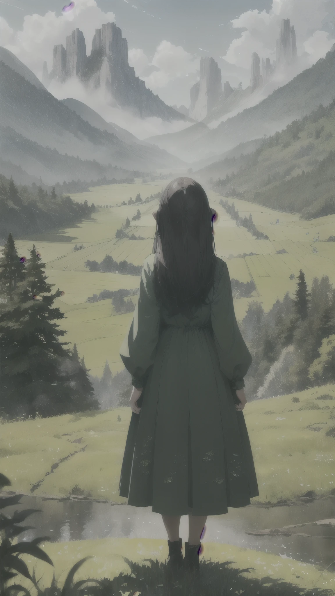 A girl from behind is standing.
With a brave look, She guides them to their destination..
Blake behind her, The green forest spreads、Beyond that, Mountains in the distance々stands tall.
Break: The best effect for this scene is、It is a watercolor technique that captures the softness of the meadow and the fluidity of movement.。.
