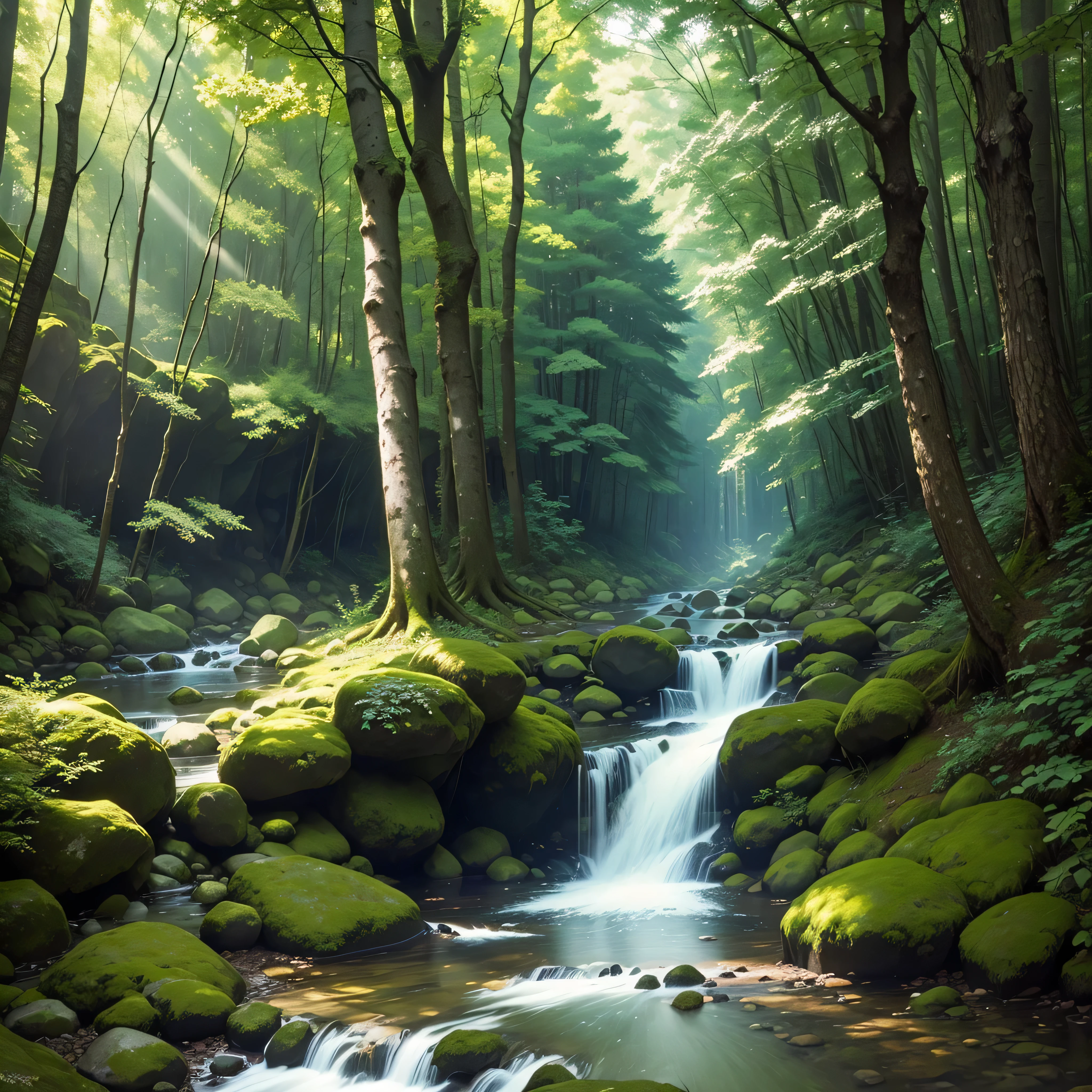 A serene forest with towering pine trees, dappled sunlight filtering through the leaves, and a crystal-clear stream flowing gently through the underbrush, creating a peaceful and tranquil scene."