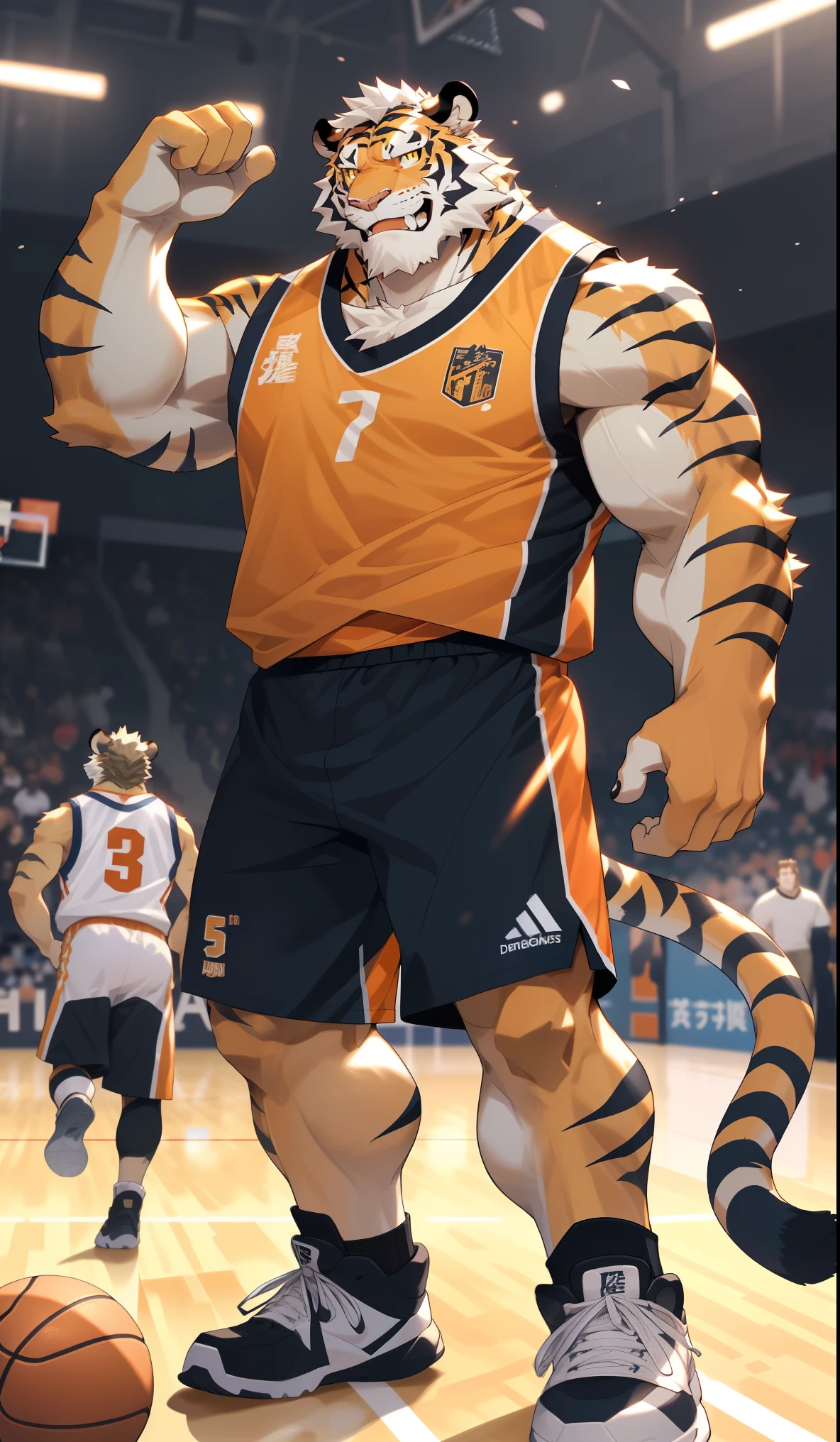 hairy,(tiger,Orange sports vest:1.3)beard,Golden pupils,White short hair,Strong body,Golden fur,male,Grin,play basketball,Pitching action,篮球场background,Full body front view,background,真实的background,极其lifelike阴影,masterpiece,Very detailed,lifelike。