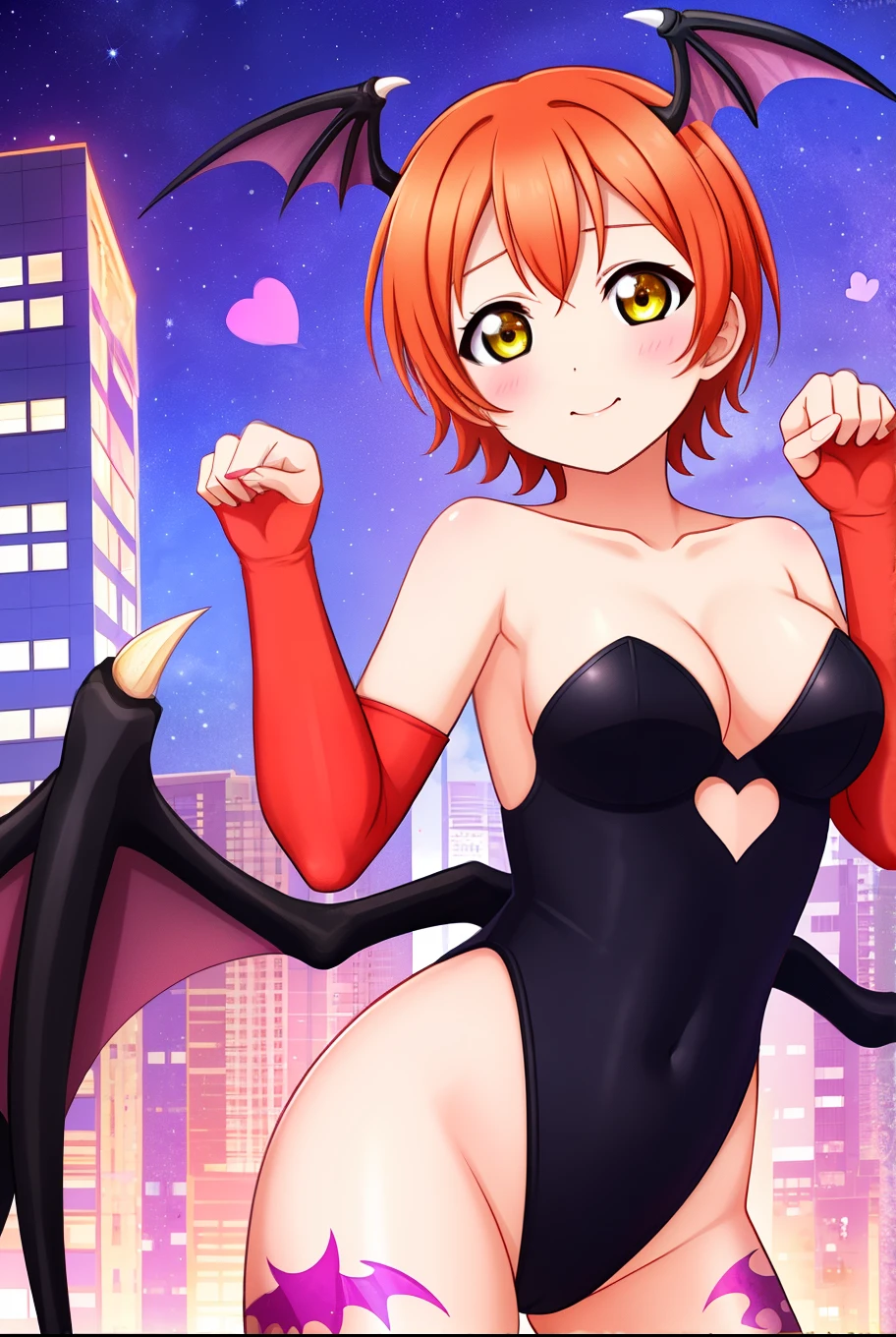 (Masterpiece, Best Quality, High Quality), Hoshizora rin, orange hair, short floating hair, yellow eyes,breasts,bangs,demon_girl,head_wings,wings,animal_print,pantyhose,bat_print,bat_wings,print_legwear,bridal_gauntlets,leotard,bare_shoulders,cleavage,large_breasts,black_wings,orange_gloves,thong_leotard,bat print,clothing_cutout,purple_wings,heart_cutout,low_wings,black_leotard,bat,highleg_leotard,purple_legwear,highleg,demon_wings,feather_trim,gloves,koakuma,cutout_above_navel,thicc thighs,collarbone, standing, night ,paw pose