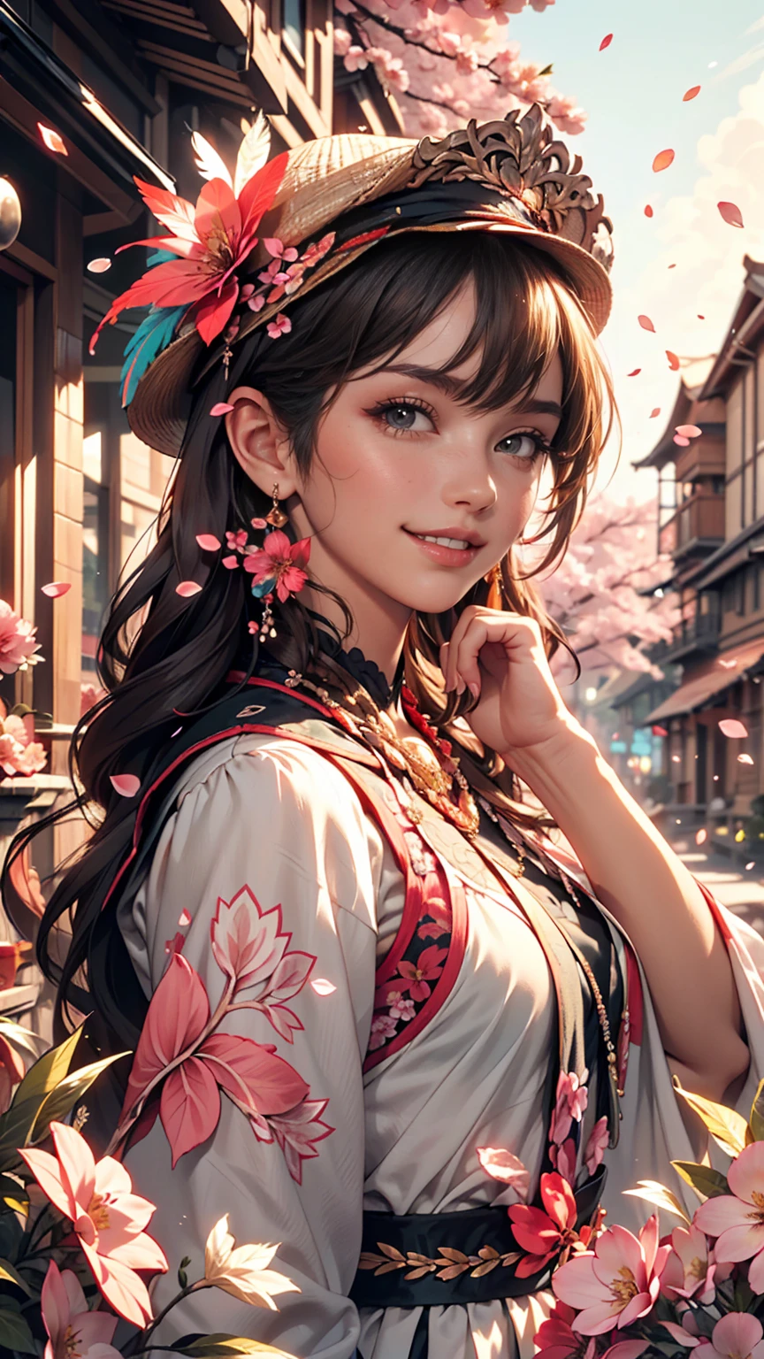 Academic Gowns, Academic Robes, Mortar Board, Square Cap, University Campus, building, cherry blossoms, smile, Two Girls, Detailed uniform, View the viewer, (Sigma 85mm f1.4), Depth of written boundary, Bokeh, Detailed photorealistic background, Diffused natural light, Diffused, natural skin glow, Face Focus, extremely detailed, (Abstract background, Zentangle, Fractal Art:1.3), (Many colors, colorful:1.1), (feather, petal, Flowers:1.3), Earrings