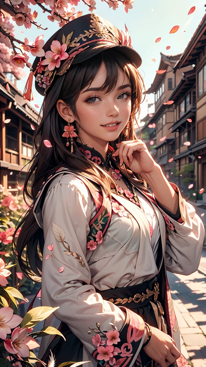 Academic Gowns, Academic Robes, Mortar Board, Square Cap, University Campus, building, cherry blossoms, smile, Two Girls, Detailed uniform, View the viewer, (Sigma 85mm f1.4), Depth of written boundary, Bokeh, Detailed photorealistic background, Diffused natural light, Diffused, natural skin glow, Face Focus, extremely detailed, (Abstract background, Zentangle, Fractal Art:1.3), (Many colors, colorful:1.1), (feather, petal, Flowers:1.3), Earrings