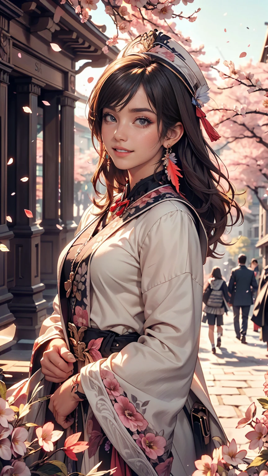 Academic Gowns, Academic Robes, Mortar Board, Square Cap, University Campus, building, cherry blossoms, smile, Two Girls, Detailed uniform, View the viewer, (Sigma 85mm f1.4), Depth of written boundary, Bokeh, Detailed photorealistic background, Diffused natural light, Diffused, natural skin glow, Face Focus, extremely detailed, (Abstract background, Zentangle, Fractal Art:1.3), (Many colors, colorful:1.1), (feather, petal, Flowers:1.3), Earrings