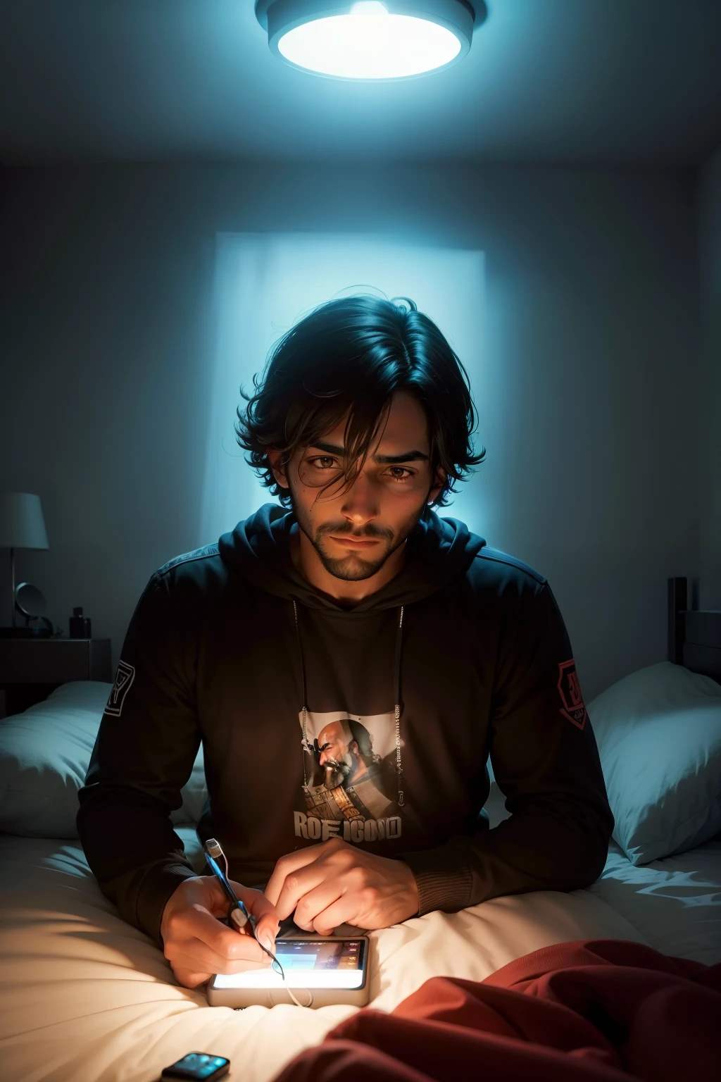 Un hombre con capucha negra que cubre su rostro y en las manos sosteniendo un control de videojuegos. In the background you can see a room illuminated by LED lights and behind the person is a bed.