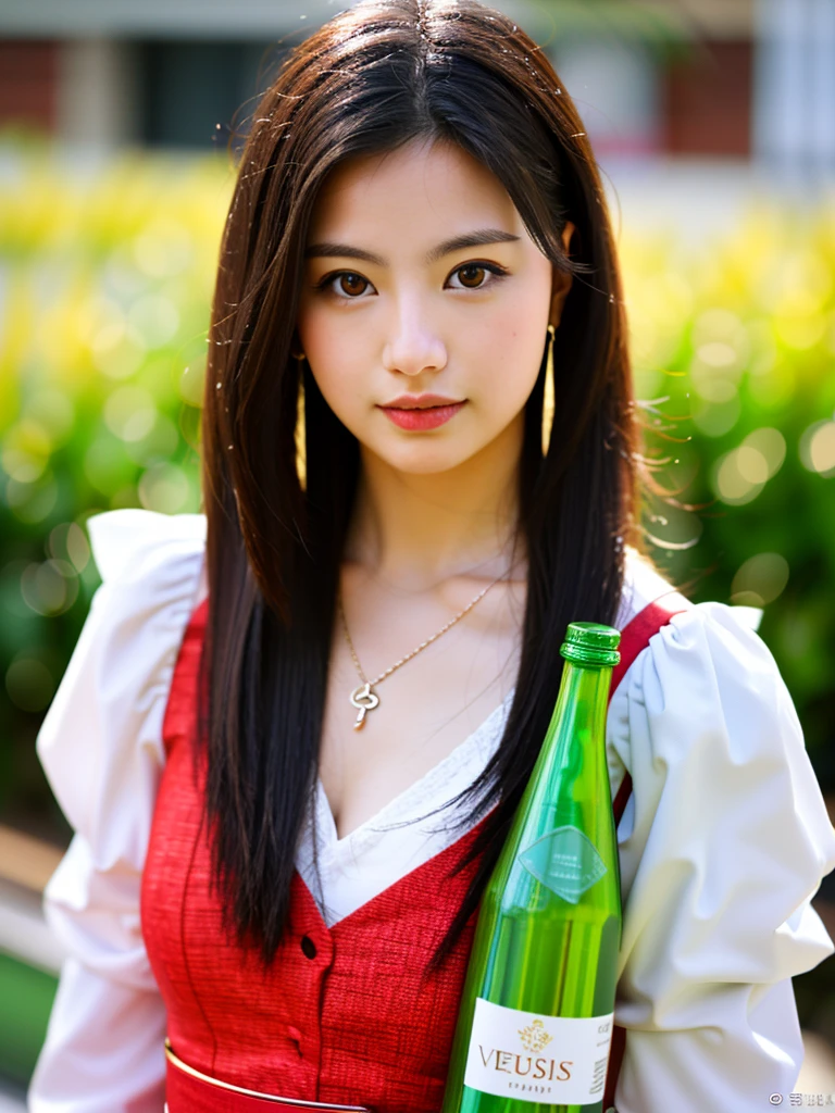 (Realistic photograph), a beautiful blended of Japanese pretty actresses with Morena Baccarin look like face, 24 years old girl, glowing body skin,{{best quality}}, {{masterpiece}}, {{ultra-detailed}}, {illustration}, {detailed light}, {an extremely delicate and beautiful}, messy floating hair, pink dress, standing and looking at the viewer, feminine , depth of field, red dress, Yellow sunflower, earrings, looking at viewer, green eyes, yellow ribbon, necklace, long sleeves, long black hair, daisy detailed hazel eyes 35mm f/1.2 ASPH, cyberpunk armored, hands on drinking water bottle ,clear face, Ultra High Resolution, wallpaper, 8K,Rich texture details, hyper detailed,