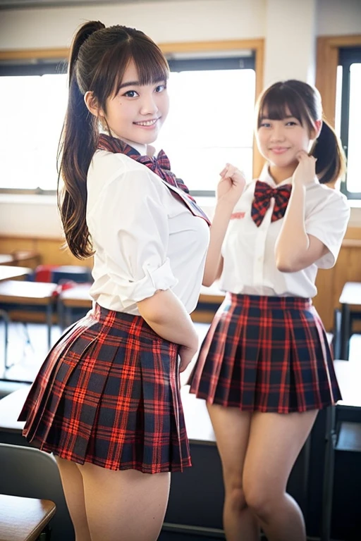 Girls standing in a school classroom, Red plaid bow tie,18-year-old,bangs,Smile a little,Thighs,knees,Low Ponytail,From below,｛Voluptuous figure、Thighsが太くなる}