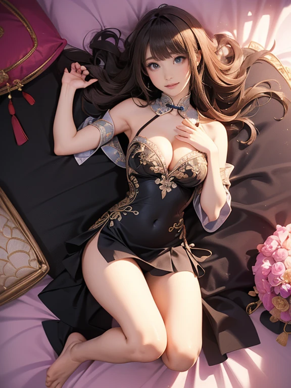 One girl、Realistic skin texture、Beautiful long hair down to the waist、Beautiful hair with hair hanging down over the ears、((Bright smile))、stare(The cleavage appears larger)(Erotic 25 year old girl、Small face、Very beautiful face、Natural Makeup)(Dark Skin)(Sparkling eyes)Smooth Skin、Realistic skin texture(((Random colors、Gorgeous Chinese dress、Very short miniskirt with deep side cuts、Precise and detailed embroidery all over the body、Rhinestone))) ((interior、高級ホテルのBedroom))、Bedroom、futon、、Lie、futonで眠る、Head resting on pillow、Eyes are open、Beautiful armpits、round beautiful breasts、Beautiful cleavage、Small waist、Waistline、Big Ass、Thin thighs、Bold and erotic pose、Provocative and sensual poses、sexy、Spread your legs((Beautiful thighs exposed))((((Sleep:1))))(((((superior、Full Body Shot)))))