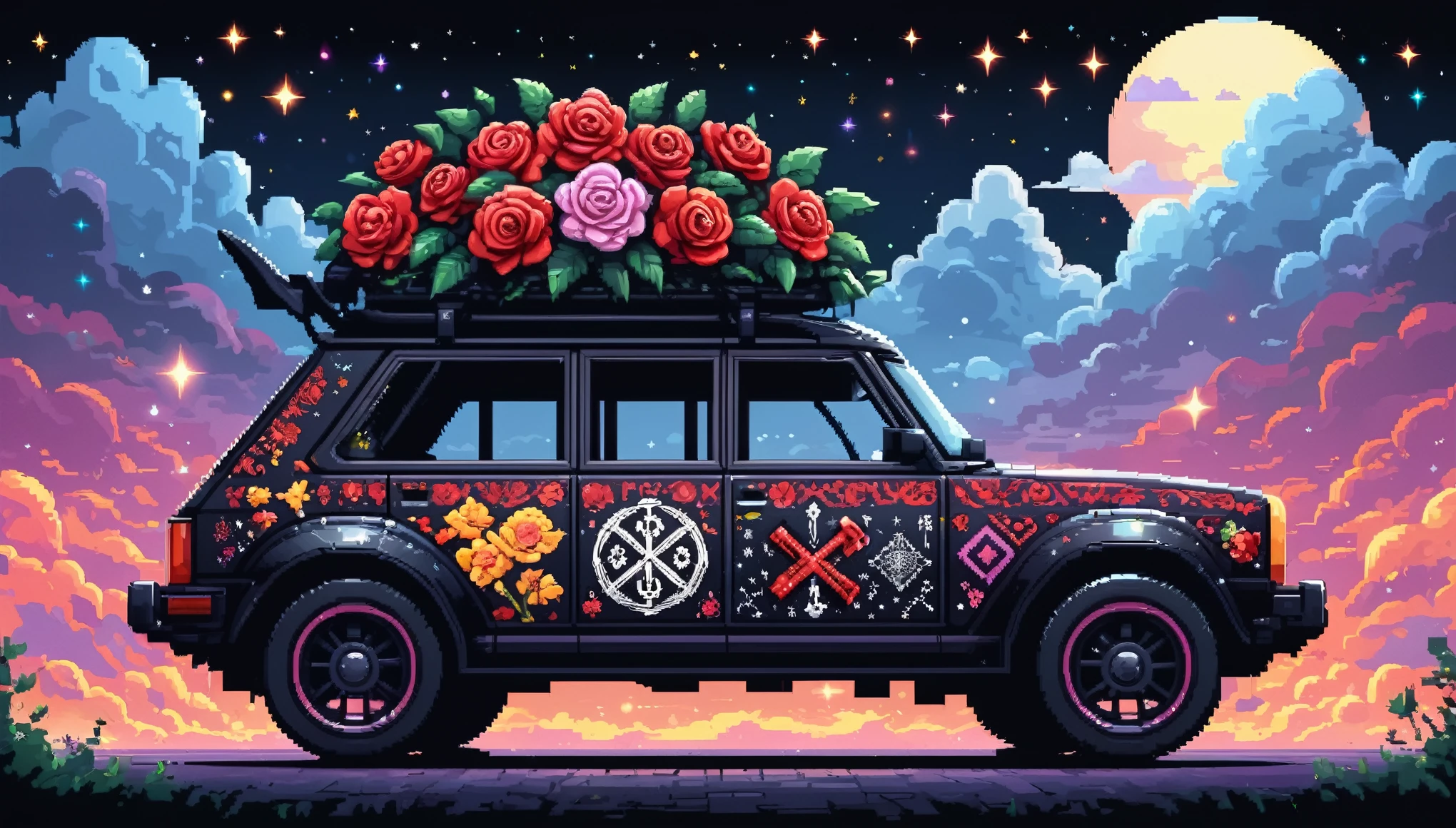 Bright epic professional (cute cartoon pixel illustration:1.2), (masterpiece in maximum 16K resolution, superb quality, ultra detailed:1.3), side view of a grand (bizarre:1.2) car with (tall wheels:1.2) and (sharp features, decorated with runes and folding roof), printed rose blossoms, amidst the silhouetted (Gothic world) of at night, clouds and sparkles.
