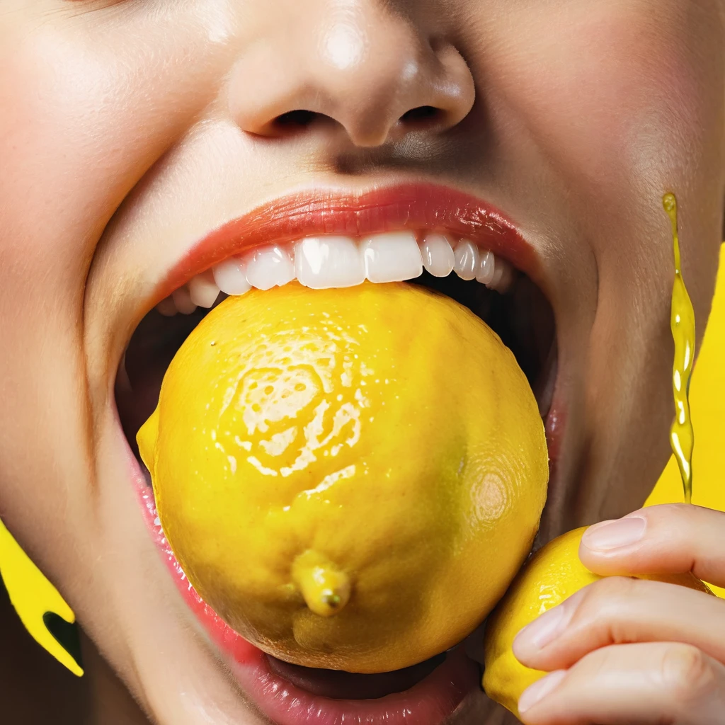 a lemon eating contest, close-up view of a person's mouth biting into a juicy lemon, sour facial expression, intense concentration, citrus flavor, vibrant yellow lemon, dramatic lighting, dynamic camera angle, photorealistic, highly detailed, cinematic