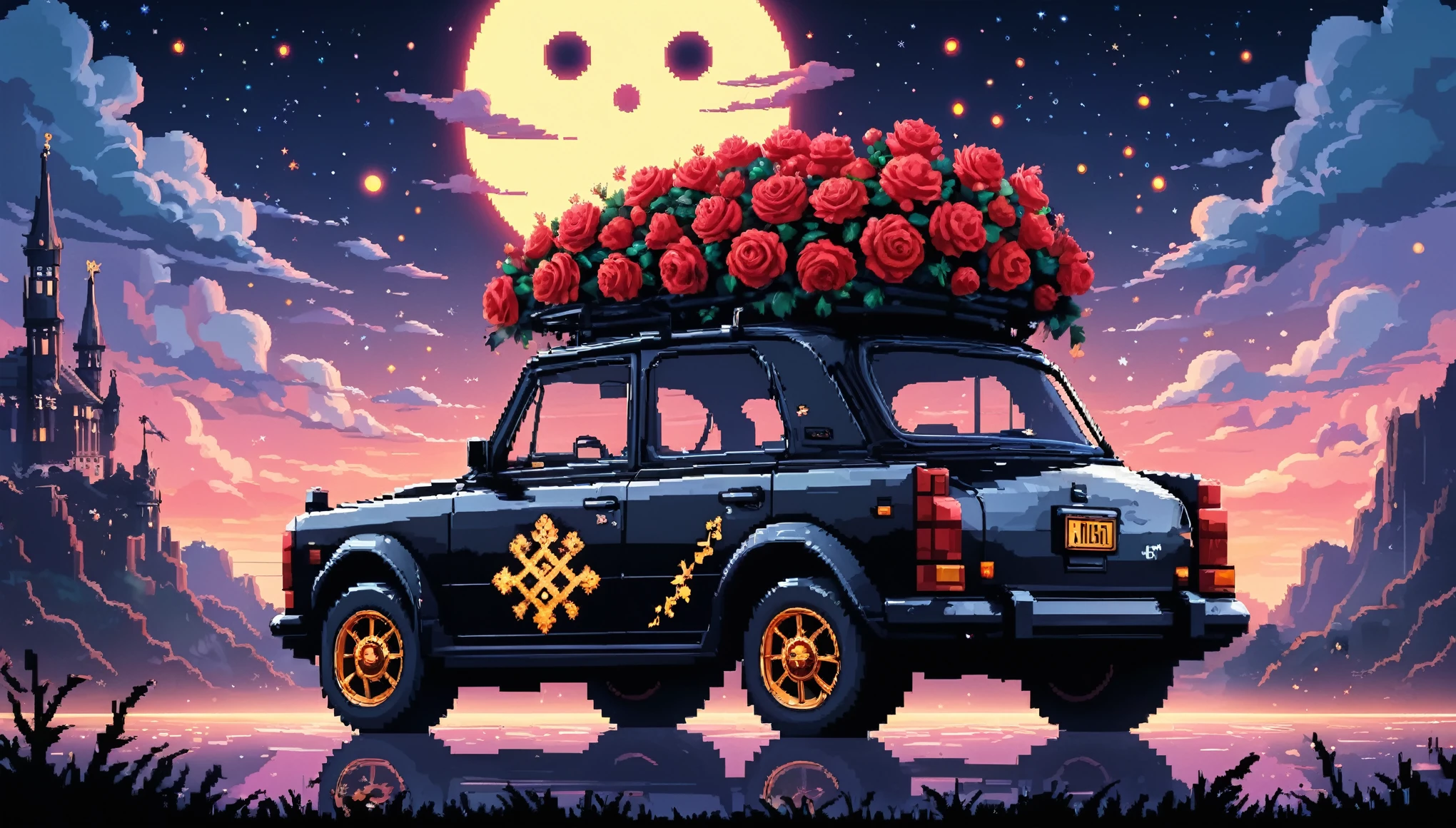 Bright epic professional (cute cartoon pixel illustration:1.2), (masterpiece in maximum 16K resolution, superb quality, ultra detailed:1.3), side view of a grand (bizarre:1.2) car with (tall wheels:1.2) and (sharp features, decorated with runes and folding roof), printed rose blossoms, amidst the silhouetted (Gothic world) of at night, clouds and sparkles.