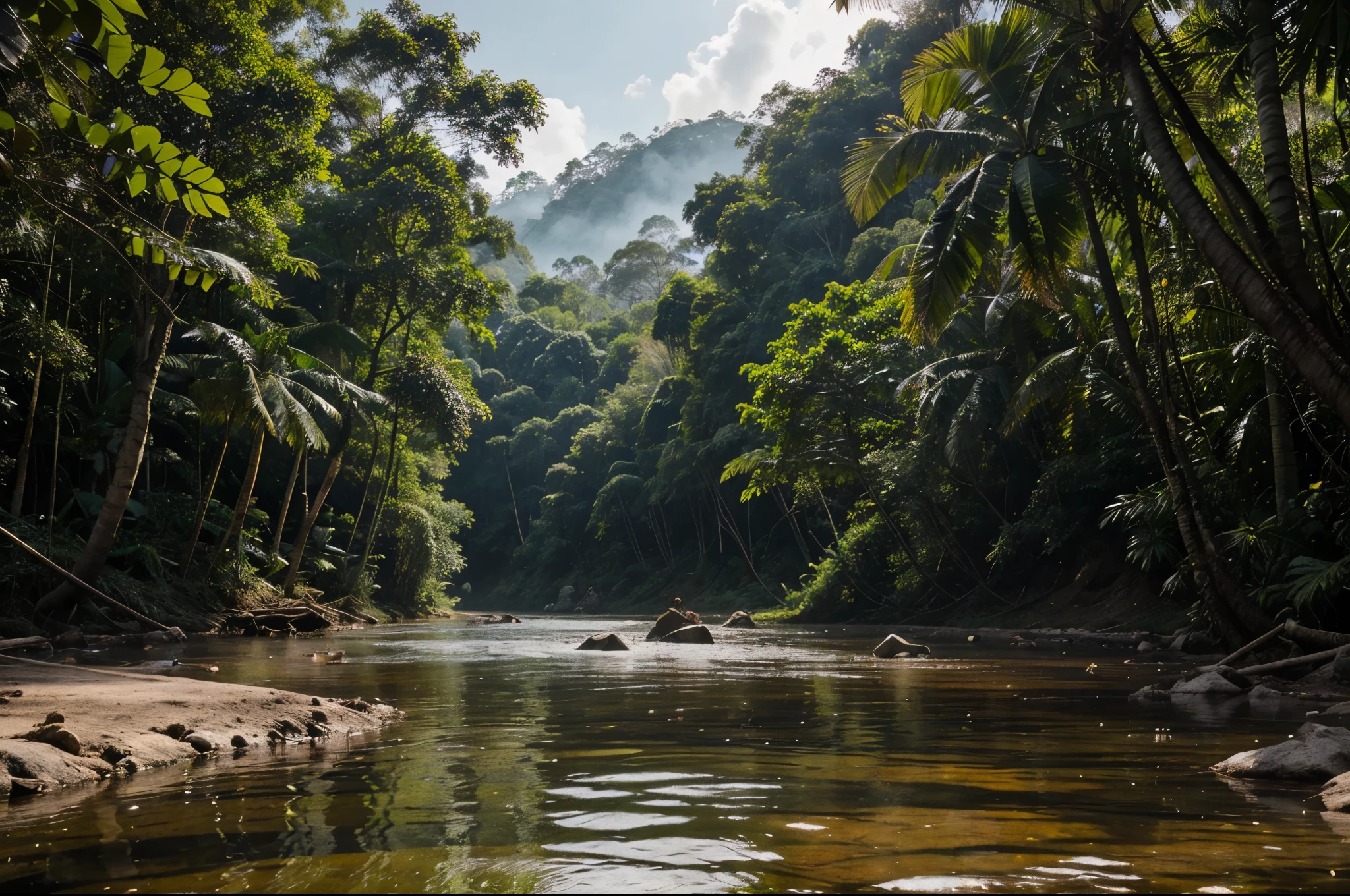 Pemandangan di Jawa barat tahun 1800, rumah kayu sederhana di tepi sungai yang deras berbatu yang air nya biru. banyak rumpun bambu besar, pohon-pohon tropis besar dan lebat, foliage yang rimbun, bark, ada pohon yang mati, ada daun yang menguning. latar belakang gunung berapi berkabut, cahaya matahari yang dramatis, muted pallete color.