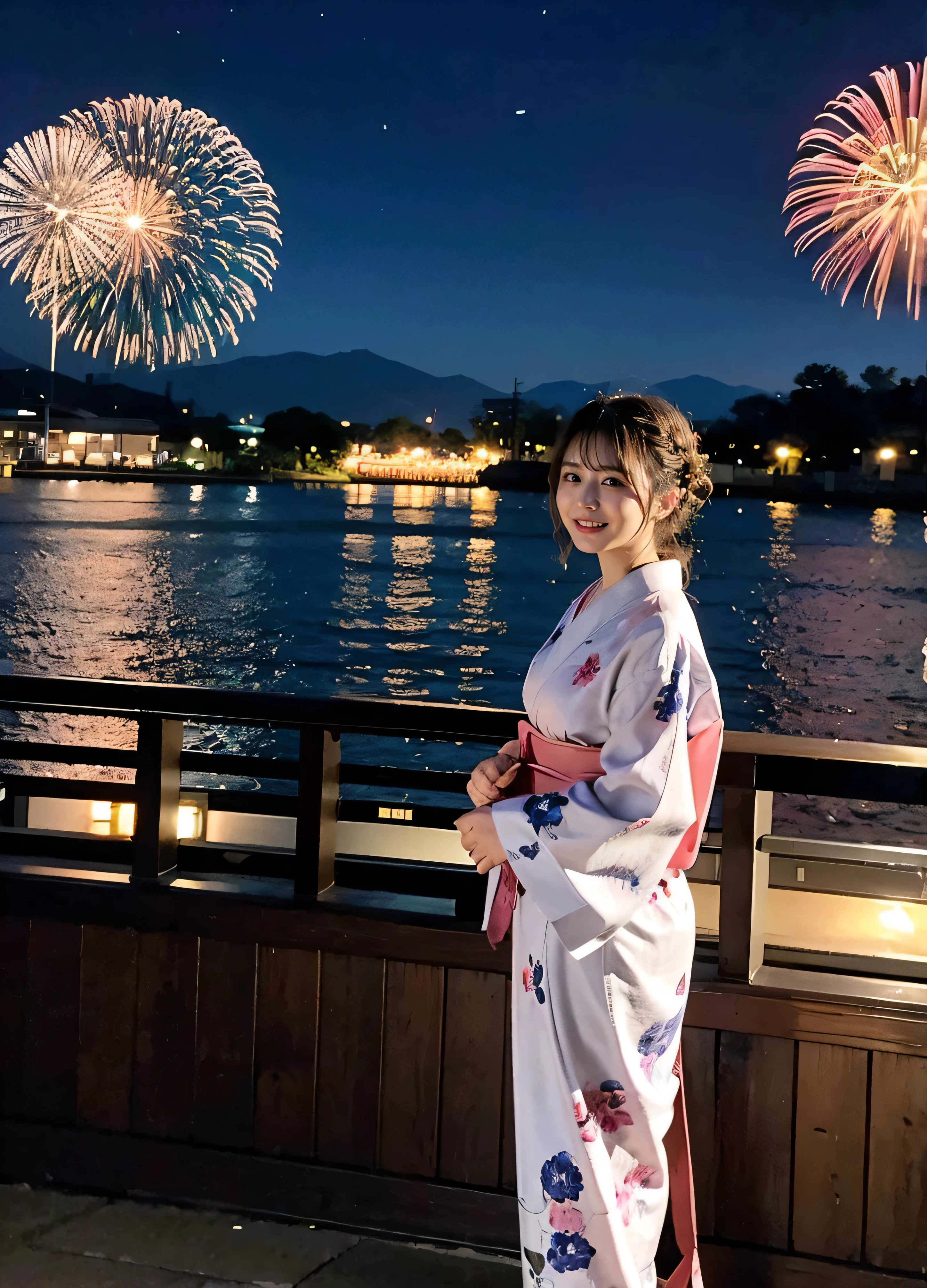 (Fireworks fly over the port town、Fireworks at night:1.4).Traditional Japanese sky blue yukata with pink floral pattern、kimono、I'm at the seaside fireworks festival.、Cute hair accessories、Wearing a cute yukata 、Fireworks display at night、illumination、Background Blur、Braid only the front hair、Light brown hair、{{Cowgirl Shot}}、((Large breasts:1.4))、Breast swelling、Large breasts、Smile、Large breasts that can be seen even through the yukata、Braid only the front hair、Wearing a yukata elegantly、A lovely smile、((I'm at the Minatomachi Fireworks Festival.))、Full body photo、ring、High-class yukata、Tuck your hair behind one ear、Silver Necklace、smile、 Elegant ponytail、Caustics、Highly detailed photos、Very beautiful and ideal short hair、Large breasts、Super no makeup、(8k、RAW Photos、highest quality、masterpiece:1.2)、(Realistic、Realistic)、1 girl、((Medium Short Hair、Looking into the camera:1.4))、Hair blowing in the wind