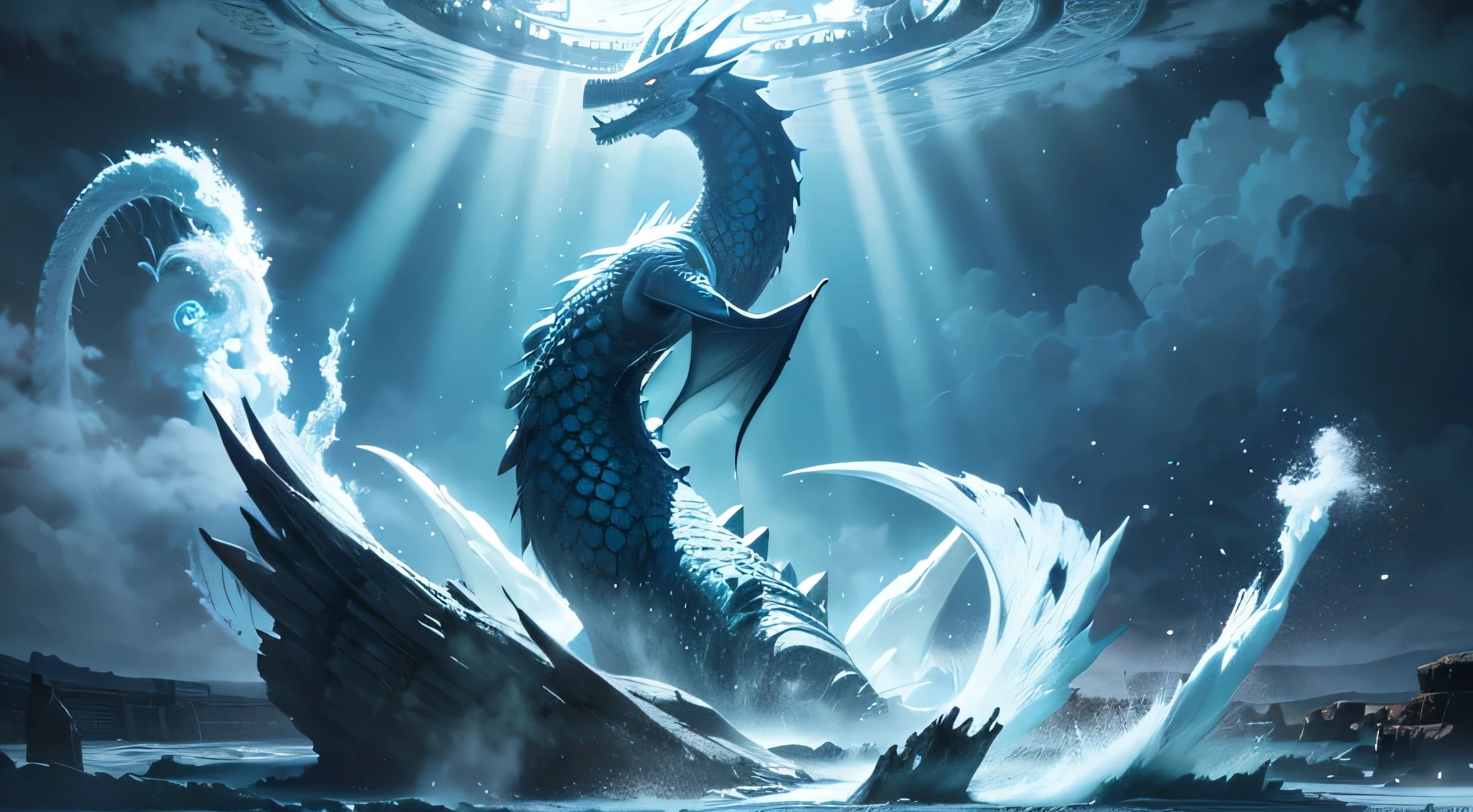 Aerial view of a magnificent scene where a giant sea dragon hovers above ancient ruins, creating a striking contrast. The majestic sea dragon's solemn gaze is fixed on the ruins, as if silently guarding this ancient land. High-quality image of an awe-inspiring fantasy artwork featuring a sea dragon soaring over ancient ruins, mystical, majestic, guardian, high-resolution, mythical creature, sacred, HD picture, mythical beast, mythical guardian, detailed, mythical creature, fantasy landscape, mythical creature painting, digital art by top fantasy artists.