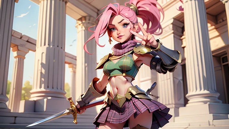 masterpiece、best quality、超high resolution、Realistic skin texture、Leather Armor、Bare breasts、Reality、high resolution、RAW photos、shiny skin、Realistic skin texture、Optimal lighting、shine、Dramatic Lighting、Dynamic poses、Greek temple background、Female warrior、There is a big sword、arena、1 Girl、精致big eyes、Pink armor、Roman skirt、Breastplate、cutting、Blonde long hair、Ponytail、blue eyes、look at the audience、 Large Breasts、Big Ass、Smile、Lock、iron collar、, Solitary, 1 Girl,  Pink Hair, Purple Eyes, short hair, Flowering, Sweater vest, Bikini, big eyes, Plaid skirt, Black over-the-knee stockings,Making a peace sign, 