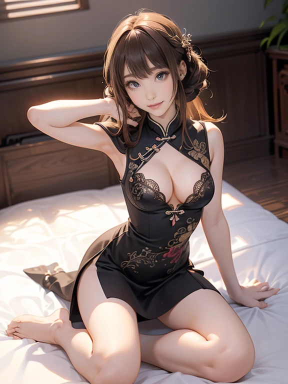 One girl、Black Skin、Beautiful long hair down to the waist、Beautiful hair with hair hanging down over the ears、((Bright smile))、stare(The cleavage appears larger)(Erotic 25 year old girl、Small face、Very beautiful face、Natural Makeup)(Dark Skin)(Sparkling eyes)Smooth Skin、Realistic skin texture(((Random colors、Gorgeous Chinese dress、Very short miniskirt with deep side cuts、Precise and detailed embroidery all over the body、Rhinestone))) ((interior、高級ホテルのBedroom))、Bedroom、futon、、Lie、futonで眠る、Head resting on pillow、Eyes are open、Beautiful armpits、round beautiful breasts、Beautiful cleavage、Small waist、Waistline、Big Ass、Thin thighs、Bold and erotic pose、Provocative and sensual poses、sexy、Spread your legs((Beautiful thighs exposed))((((Sleep:1))))(((((superior、Full Body Shot)))))