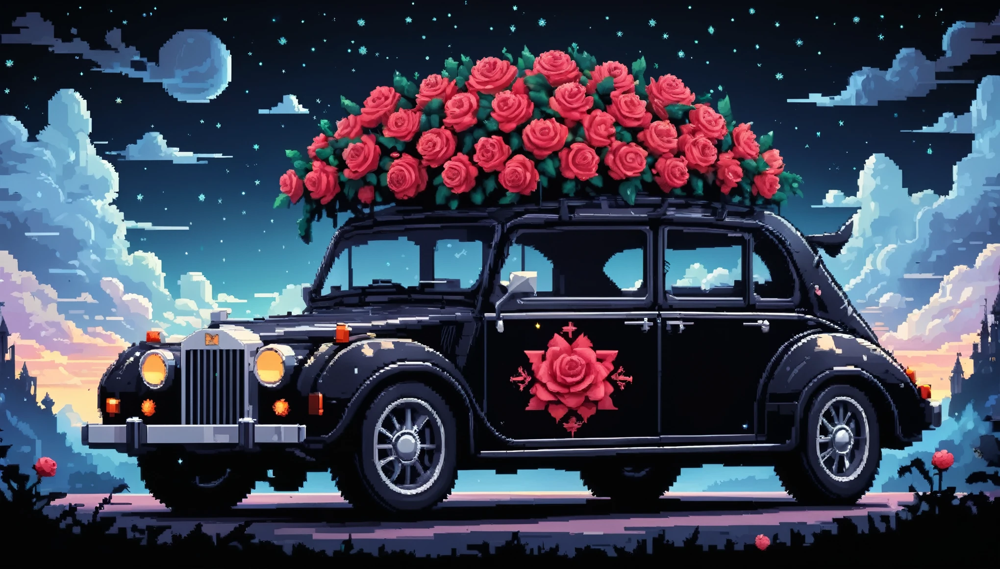 Bright epic professional (cute cartoon pixel illustration:1.2), (masterpiece in maximum 16K resolution, superb quality, ultra detailed:1.3), side view of a grand (bizarre:1.2) car with (tall wheels:1.2) and (sharp features, decorated with runes and folding roof), printed rose blossoms, amidst the silhouetted (Gothic world) of at night, clouds and sparkles.