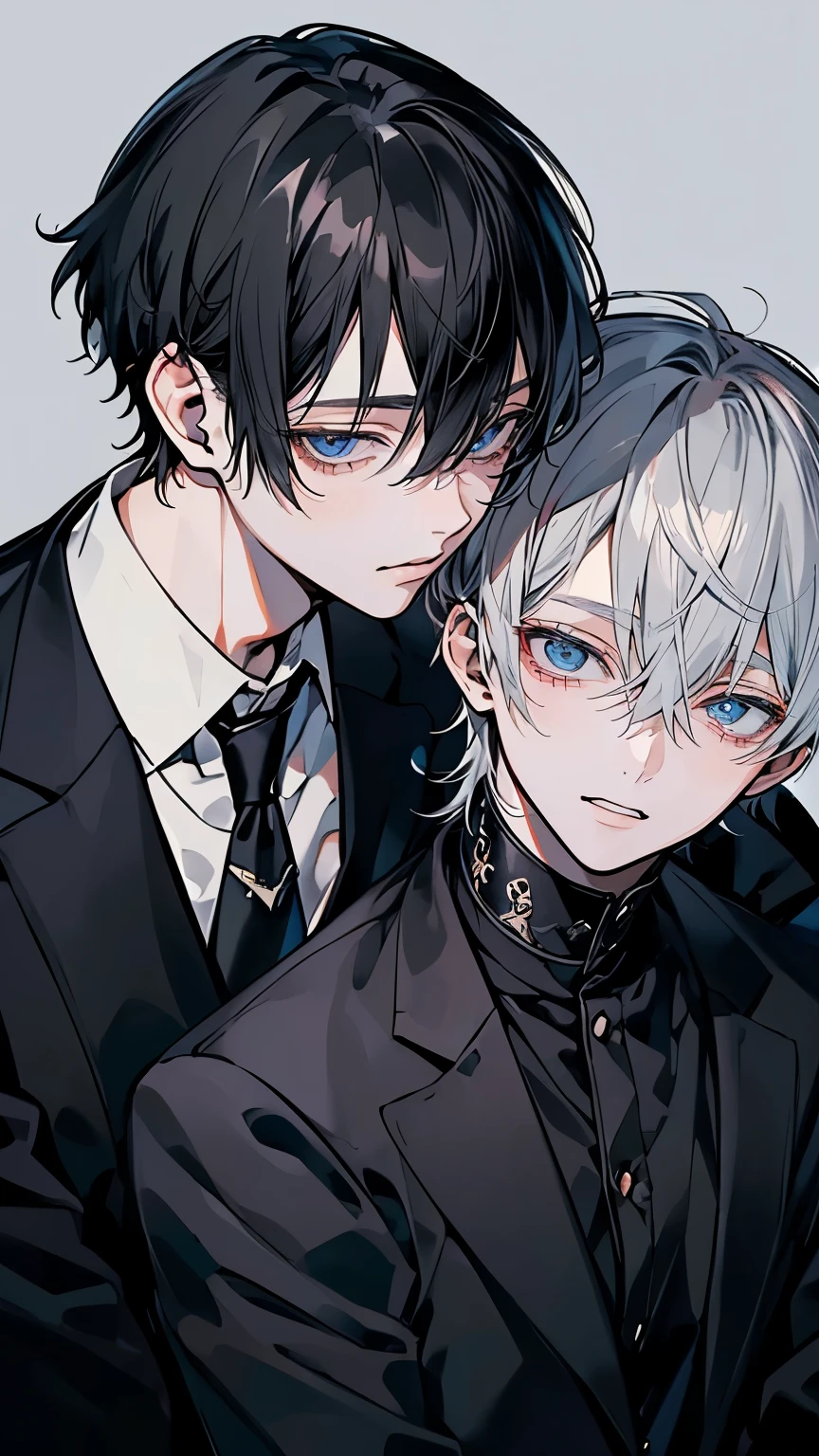 (Mastepiece), (Best Quality), Very detailed, ((Two men intimate:1.5)), Perfect Face, Beautiful Face, Very detailedな顔,(Black-haired man:1.3),(Grey-haired man:1.3)、suit、(smile:1.2)