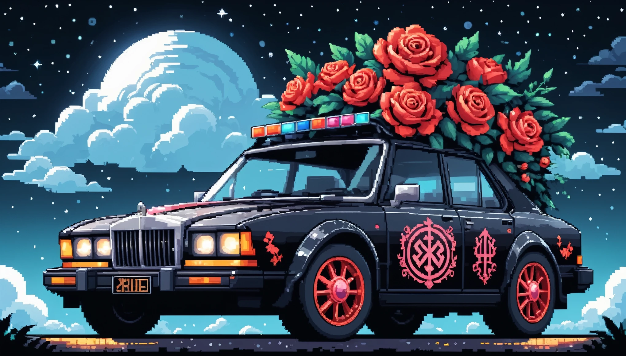 Bright epic professional (cute cartoon pixel illustration:1.2), (masterpiece in maximum 16K resolution, superb quality, ultra detailed:1.3), side view of a grand (bizarre:1.2) car with (tall wheels:1.2) and (sharp features, decorated with runes and folding roof), printed rose blossoms, amidst the silhouetted (Gothic world) of at night, clouds and sparkles.