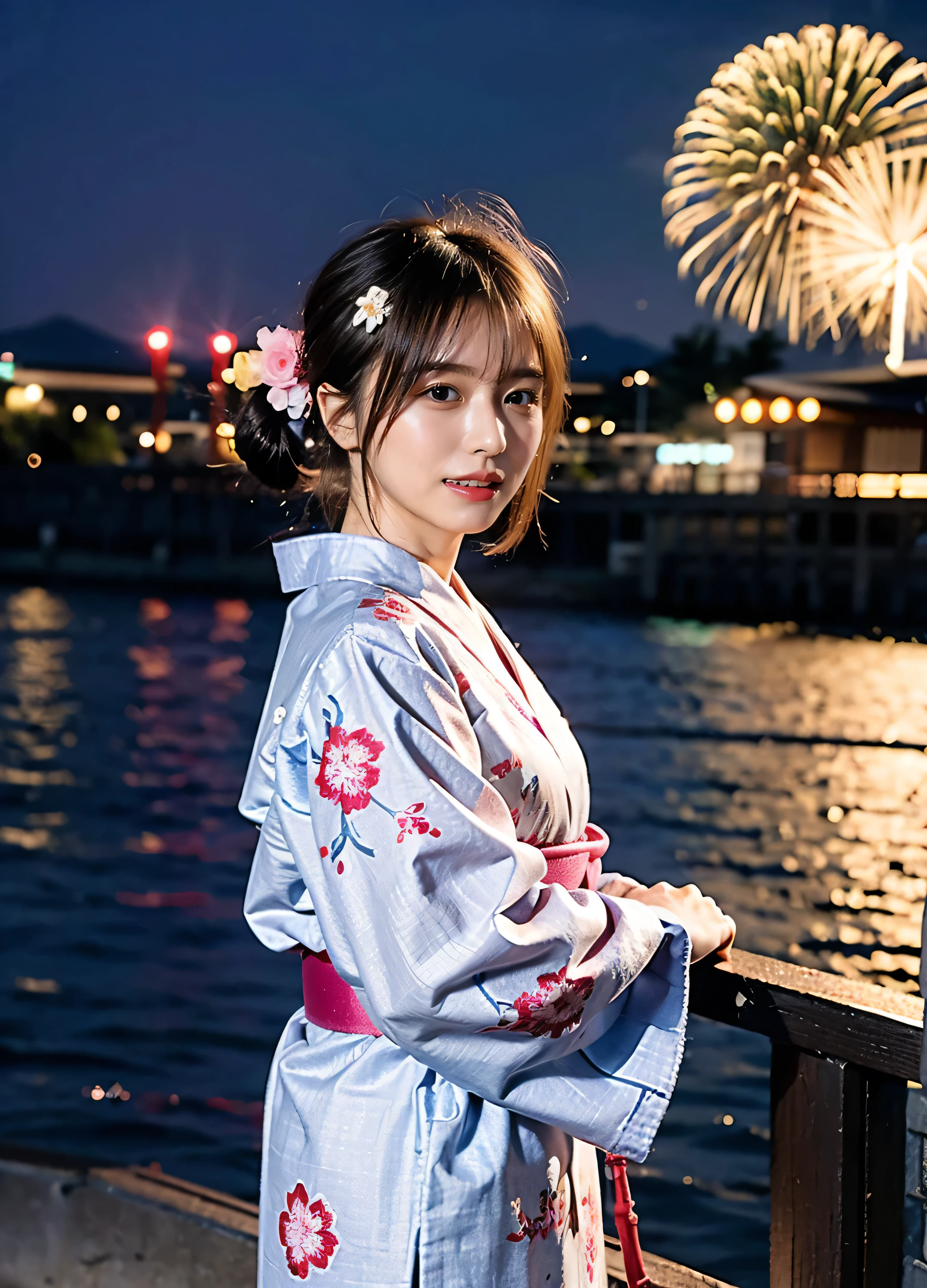 (歯の見えるA lovely smile、Fireworks fly over the port town、Fireworks at night:1.4).Traditional Japanese sky blue yukata with pink floral pattern、kimono、I'm at the seaside fireworks festival.、Cute hair accessories、Wearing a cute yukata 、Fireworks display at night、illumination、Background Blur、Braid only the front hair、Light brown hair、{{Cowgirl Shot}}、((Large breasts:1.4))、Breast swelling、Large breasts、Smile、Large breasts that can be seen even through the yukata、Braid only the front hair、Wearing a yukata elegantly、A lovely smile、((I'm at the Minatomachi Fireworks Festival.))、Full body photo、ring、High-class yukata、Tuck your hair behind one ear、Silver Necklace、smile、 Elegant ponytail、Caustics、Highly detailed photos、Very beautiful and ideal short hair、Large breasts、Super no makeup、(8k、RAW Photos、highest quality、masterpiece:1.2)、(Realistic、Realistic)、1 girl、((Medium Short Hair、Looking into the camera:1.4))、Hair blowing in the wind