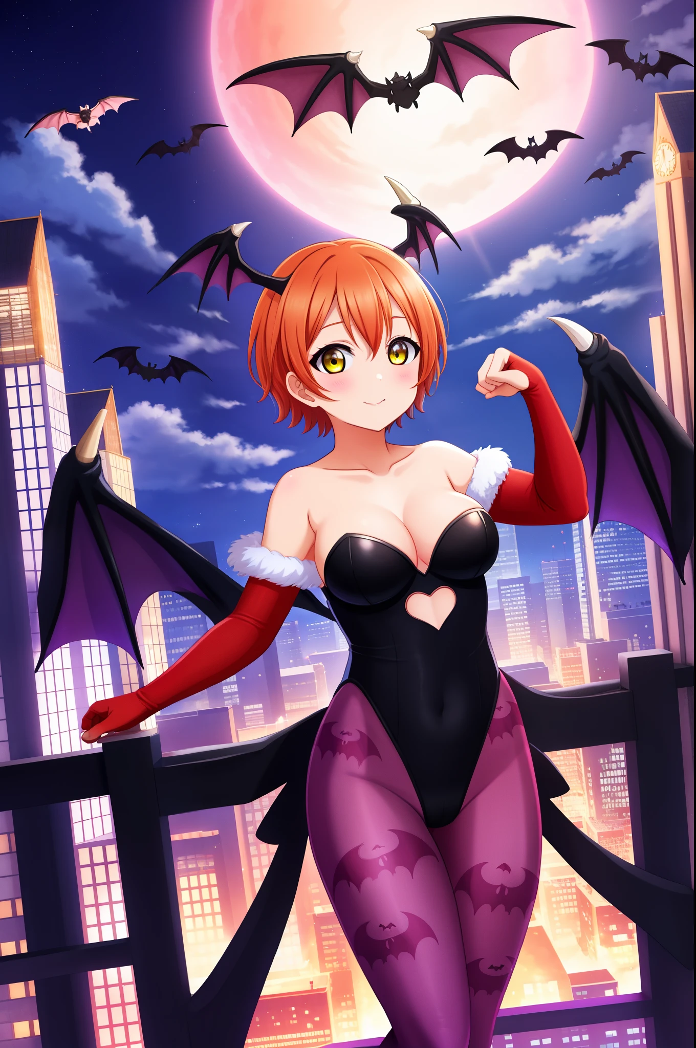 (Masterpiece, Best Quality, High Quality), Hoshizora rin, orange hair, short floating hair, yellow eyes,breasts,bangs,demon_girl,head_wings,wings,animal_print,(pantyhose:1.1),bat_print,bat_wings,print_legwear,bridal_gauntlets,leotard,bare_shoulders,cleavage,large_breasts,black_wings,orange_gloves,thong_leotard,bat print,clothing_cutout,purple_wings,heart_cutout,low_wings,black_leotard,bat,highleg_leotard,purple_legwear,highleg,demon_wings,feather_trim,gloves,koakuma,cutout_above_navel,thicc thighs,collarbone, standing, night ,paw pose