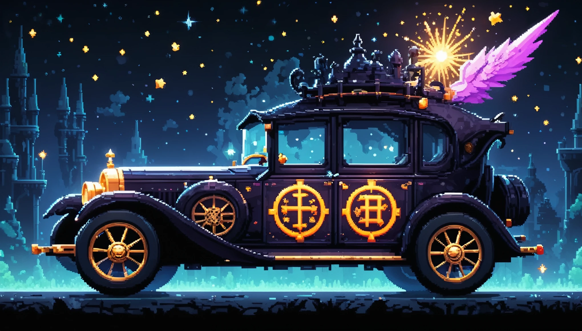 Bright epic professional (cute cartoon pixel illustration:1.2), (masterpiece in maximum 16K resolution, superb quality, ultra detailed:1.3), side view of a grand (bizarre:1.2) car with tall wheels and (sharp features, decorated with runes and folding roof), speeding amidst the silhouetted Gothic world of at night, sparkles.