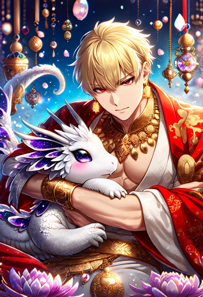 (absurdres, highres, ultra detailed, HDR) master piece, best quality, Gilgamesh, blonde hair, with bangs, expressive red eyes, fate grand order, solo, sexy man, hugging a small white dragon, handsome, toned chest, red haori, white kimono with accessories, jewelry, golden earrings, arabian, patterns, magical fantasy, purple butterflies, glittering, sparkling, purple spider lilies, petals, radiant
