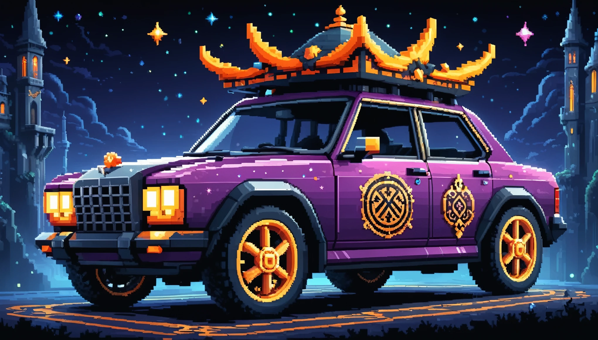 Bright epic professional (cute cartoon pixel illustration:1.2), (masterpiece in maximum 16K resolution, superb quality, ultra detailed:1.3), side view of a grand (bizarre:1.2) car with tall wheels and (sharp features, decorated with runes and folding roof), speeding amidst the silhouetted Gothic world of at night, sparkles.