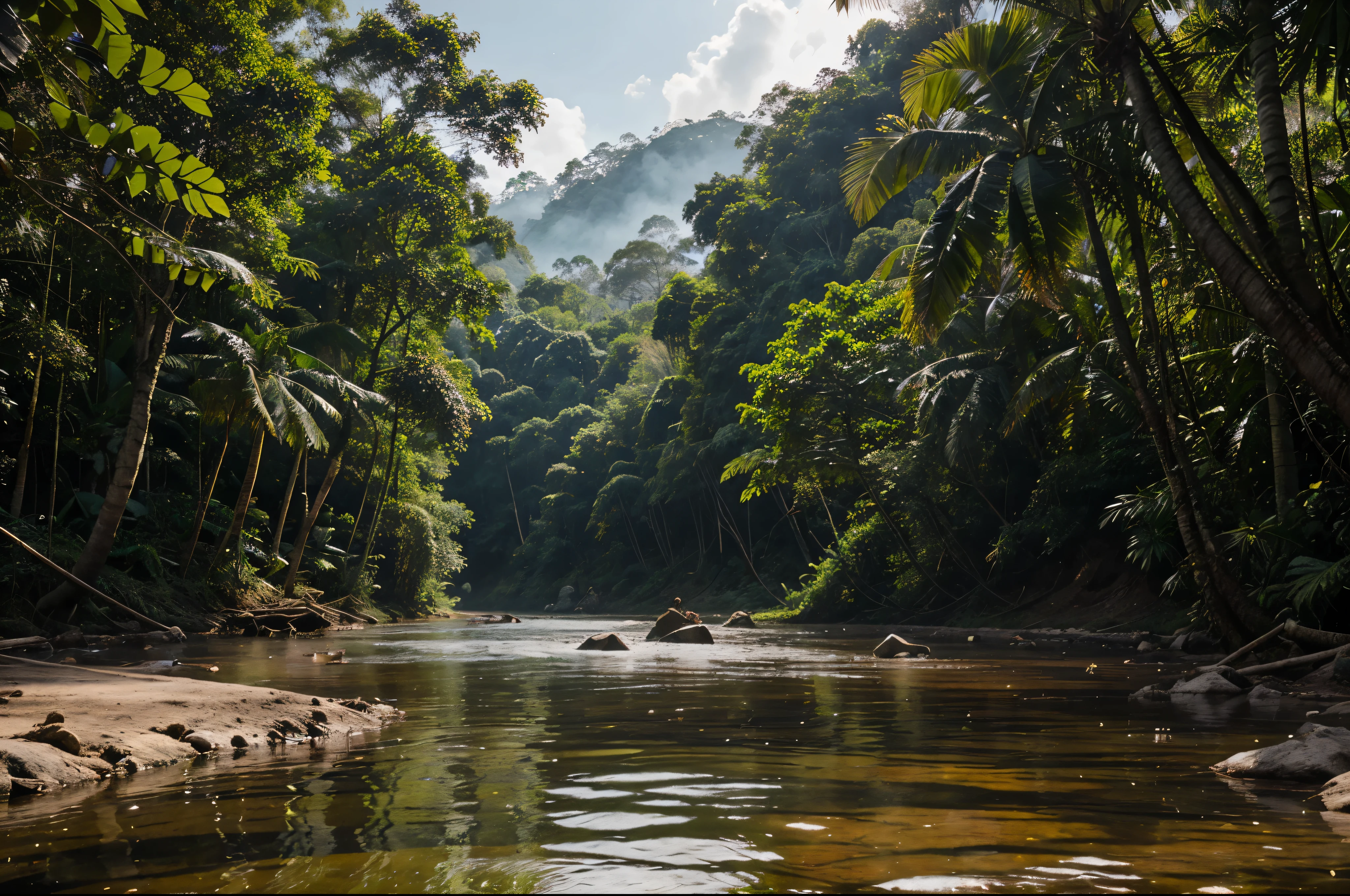 Pemandangan di Jawa barat tahun 1800, rumah kayu sederhana di tepi sungai yang deras berbatu yang air nya biru. banyak rumpun bambu besar, pohon-pohon tropis besar dan lebat, foliage yang rimbun, bark, ada pohon yang mati, ada daun yang menguning. latar belakang gunung berapi berkabut, cahaya matahari yang dramatis, muted pallete color.