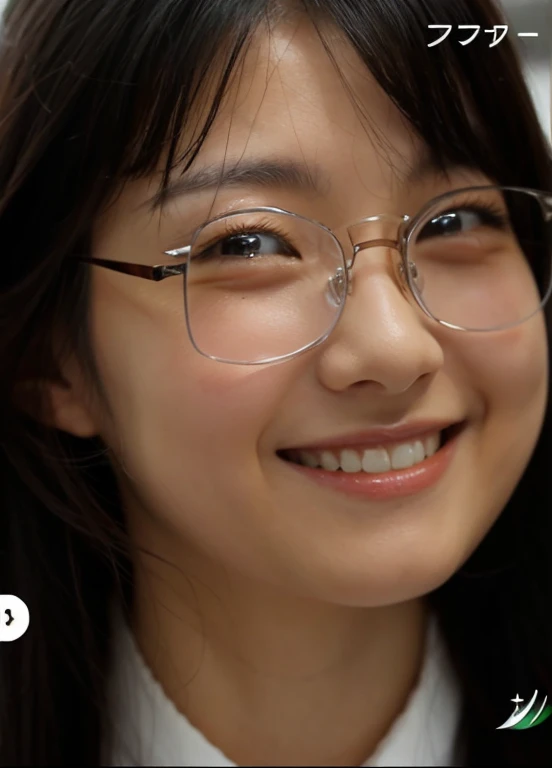 Japanese women, Age 25。Wear glasses、Long Hair、Show smile、Absolutely single eyelids, so the back eyelids。Eliminates light reflections on eyeglass lenses