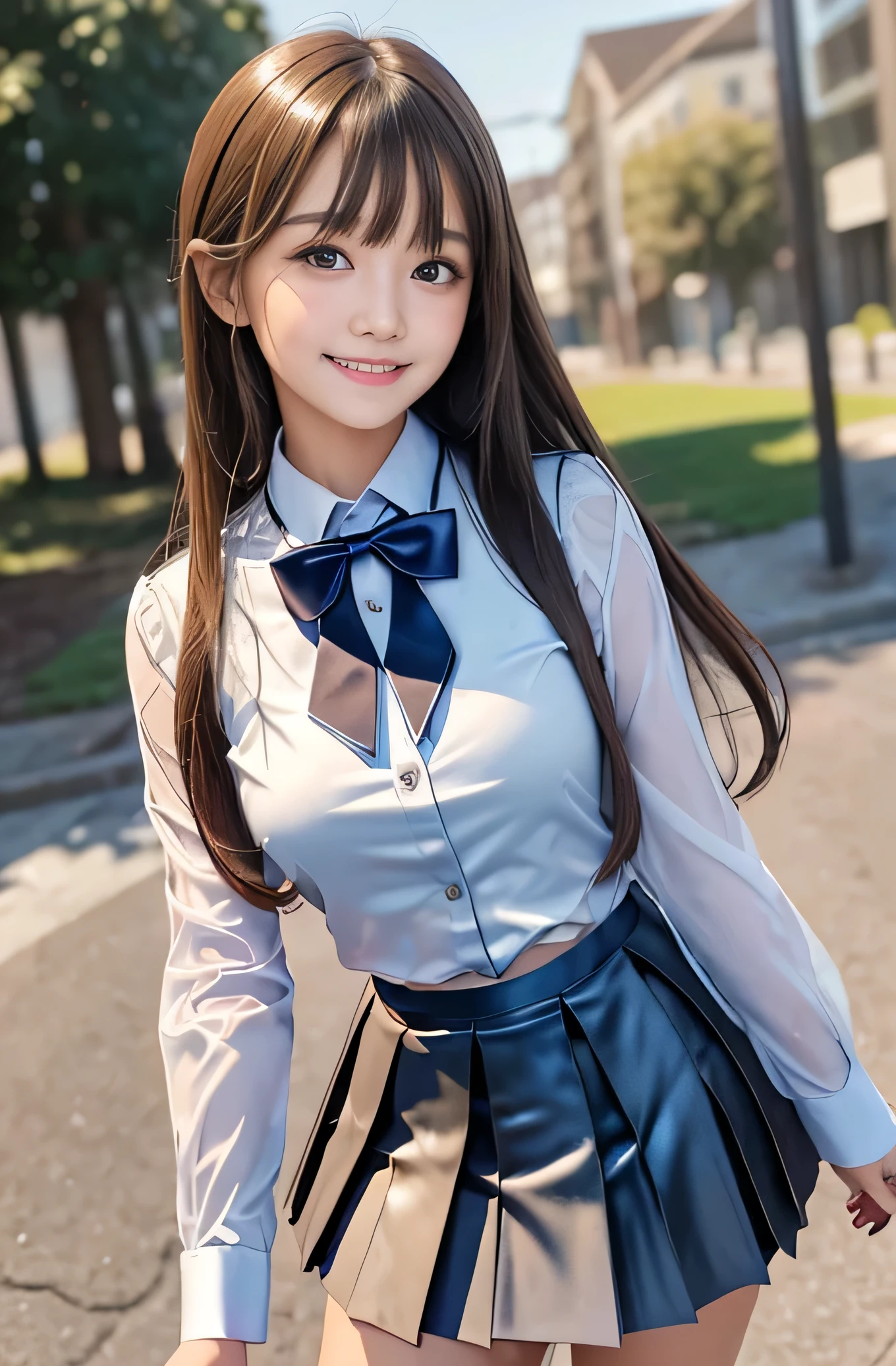 Angelic Very pretty cute young girl,
very beautiful girl,
(V-line jaw),
Beautiful detailed brown eyes, (clear-eyed:1.3),
small straight nose,small mouth,
Detailed double eyelids,
(Large eyes:1.3),
Long straight brown hair,
see-through bangs,
beautiful detailed face and eyes,
smiling, in the street,
BREAK
(super shiny metallic dark blue blazer:1.2),metallic pearl white school blouse,(shiny metallic bright pink neck bow tie:1.2),(super shiny metallic dark blue pleated skirt :1.5),(school uniform with super reflective surfaces:1.5),
(Very beautiful cute girl:1.2),
Very pretty cute young girl,
V-line jaw,
Beautiful detailed eyes,
very beautiful girl,
Detailed double eyelids,
(Large eyes:1.3),
Long straight brown hair,
see-through bangs,
beautiful detailed face and eyes,
smiling,
break
(Very beautiful cute girl, Beautiful detailed eyes, Detailed double eyelids:1.3),
(Soft Saturation: 1.3),
(Fair skin: 1.4),
(Large eyes:1.4),
break
Very beautiful cute girl,
Sharp Focus,
brown hair,
Very beautiful cute girl,
Raw photo,
High resolution,
perfect detail,
Professional Photography, Professional Lighting,
strong lighting,
break
(smile:1.6),realistic photo