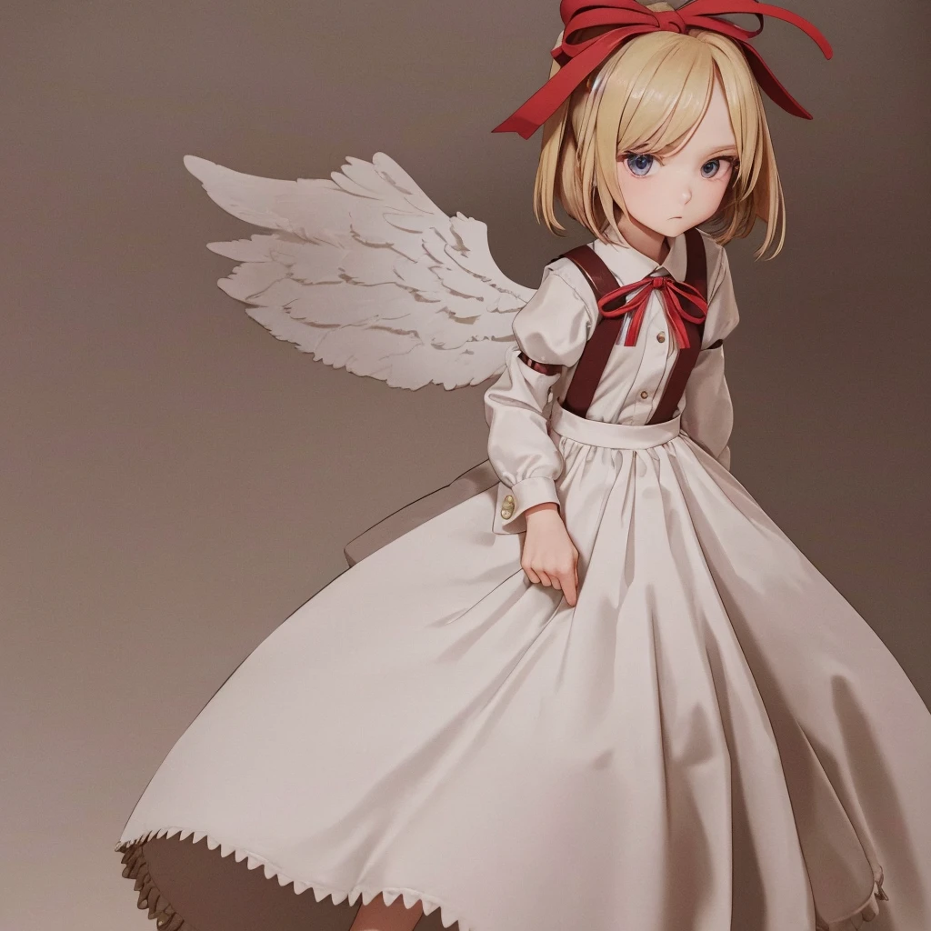 masterpiece, best quality, 1girl, solo, 10 years old, medium blonde hair, forehead visible bangs, hair flaps, ribbon on head, well-formed face, blonde eyes, angel girl, standing collar, nehru collar, white blouse, long sleeves, red ribbon, angel wings, red thick suspenders, long white skirt, long maxi-skirt, very long skirt, wide shot, full body shot, simple background