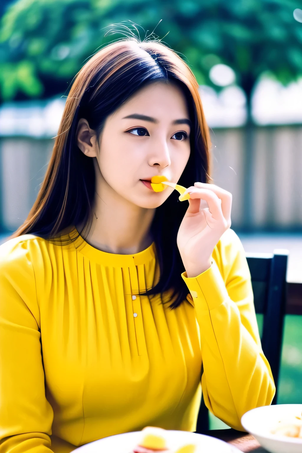 Adult woman eating a slice of lemon、Wearing a long-sleeved blouse、Face of someone who has eaten something sour、Upper Body、Outdoor