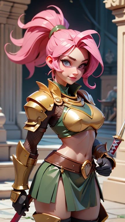 masterpiece、best quality、超high resolution、Realistic skin texture、Leather Armor、Bare breasts、Reality、high resolution、RAW photos、shiny skin、Realistic skin texture、Optimal lighting、shine、Dramatic Lighting、Dynamic poses、Greek temple background、Female warrior、There is a big sword、arena、1 Girl、精致big eyes、Pink armor、Roman skirt、Breastplate、cutting、Blonde long hair、Ponytail、blue eyes、look at the audience、 Large Breasts、Big Ass、Smile、Lock、iron collar、, Solitary, 1 Girl, Pink Hair, Purple Eyes, short hair, Flowering, , Bikini, big eyes, , Black fishnet stockings,Make an action,