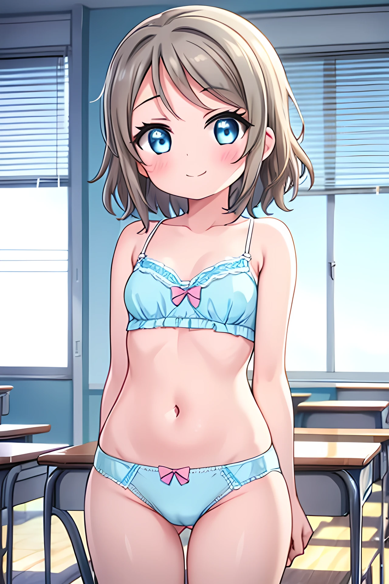 1girl, solo, watanabe you, light blue bra,light blue panties, blue eyes,small breasts,short hair, classroom,looking at viewer, arms behind back,pussy,grey hair,blush,closed mouth,smile