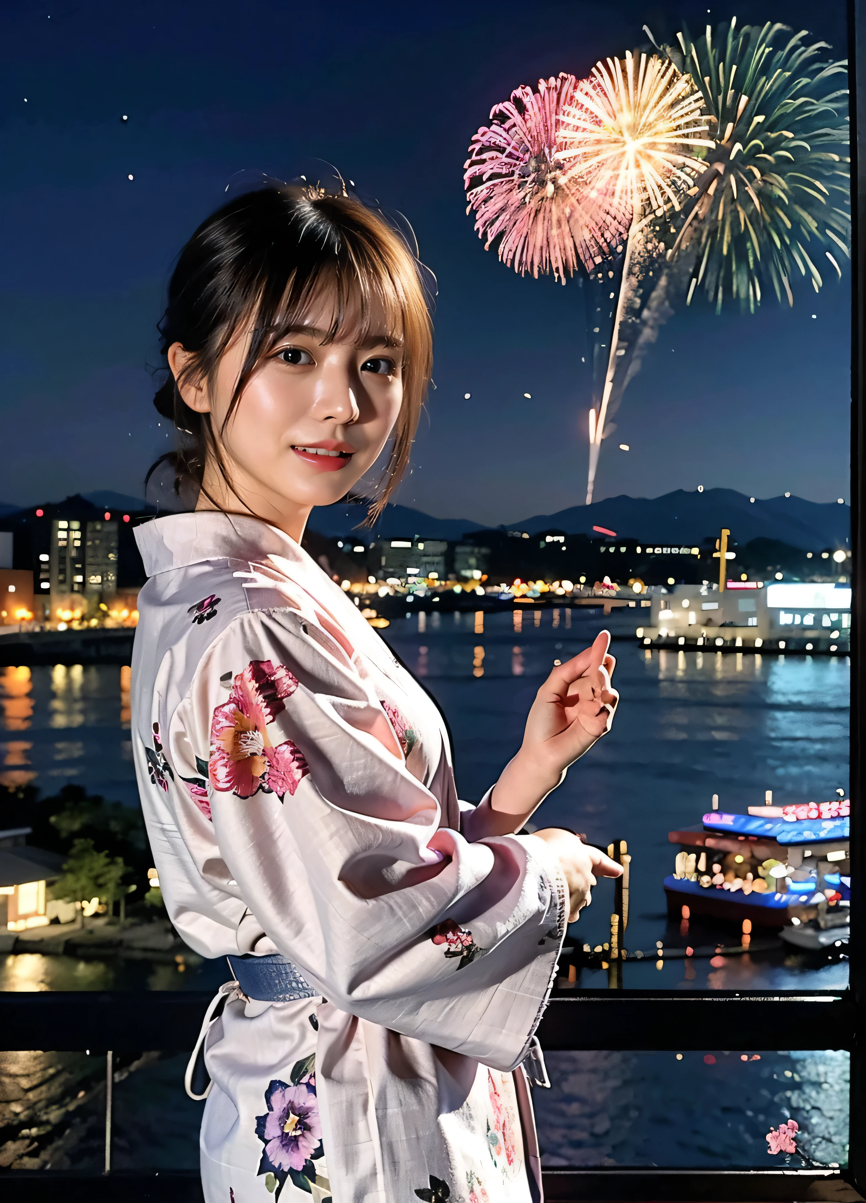 (歯の見えるA lovely smile、Fireworks fly over the port town、Fireworks at night:1.4).Traditional Japanese sky blue yukata with pink floral pattern、I'm at the seaside fireworks festival.、Cute hair accessories、Wearing a cute yukata 、Fireworks display at night、illumination、Background Blur、Braid only the front hair、Light brown hair、{{Cowgirl Shot}}、((Large breasts:1.4))、Breast swelling、Large breasts、Smile、Large breasts that can be seen even through the yukata、Braid only the front hair、Wearing a yukata elegantly、A lovely smile、((I'm at the Minatomachi Fireworks Festival.))、Full body photo、ring、High-class yukata、Tuck your hair behind one ear、Silver Necklace、smile、 Elegant ponytail、Caustics、Highly detailed photos、Very beautiful and ideal short hair、Large breasts、Super no makeup、(8k、RAW Photos、highest quality、masterpiece:1.2)、(Realistic、Realistic)、1 girl、((Medium Short Hair、Looking into the camera:1.4))、Hair blowing in the wind