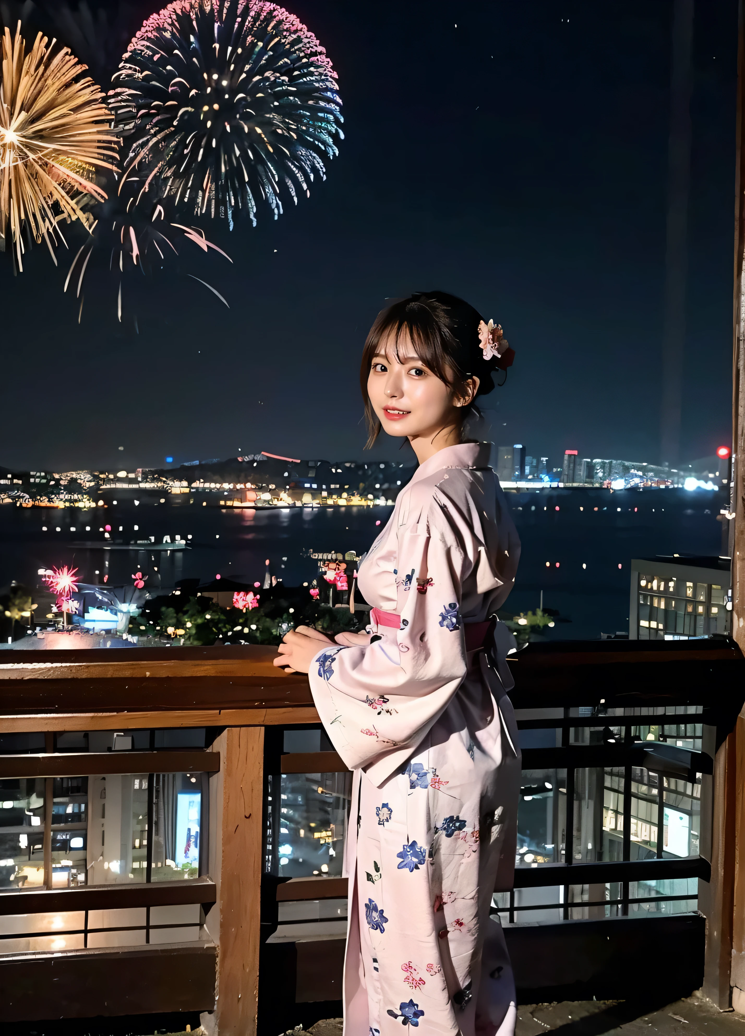 (歯の見えるA lovely smile、Fireworks fly over the port town、Fireworks at night:1.4).Traditional Japanese sky blue yukata with pink floral pattern、I'm at the seaside fireworks festival.、Cute hair accessories、Wearing a cute yukata 、Fireworks display at night、illumination、Background Blur、Braid only the front hair、Light brown hair、{{Cowgirl Shot}}、((Large breasts:1.4))、Breast swelling、Large breasts、Smile、Large breasts that can be seen even through the yukata、Braid only the front hair、Wearing a yukata elegantly、A lovely smile、((I'm at the Minatomachi Fireworks Festival.))、Full body photo、ring、High-class yukata、Tuck your hair behind one ear、Silver Necklace、smile、 Elegant ponytail、Caustics、Highly detailed photos、Very beautiful and ideal short hair、Large breasts、Super no makeup、(8k、RAW Photos、highest quality、masterpiece:1.2)、(Realistic、Realistic)、1 girl、((Medium Short Hair、Looking into the camera:1.4))、Hair blowing in the wind