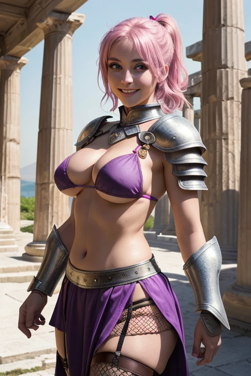 masterpiece、best quality、超high resolution、Realistic skin texture、Leather Armor、Bare breasts、Reality、high resolution、RAW photos、shiny skin、Realistic skin texture、Optimal lighting、shine、Dramatic Lighting、Dynamic poses、Greek temple background、Female warrior、There is a big sword、arena、1 Girl、精致big eyes、Pink armor、Roman skirt、Breastplate、cutting、Blonde long hair、Ponytail、blue eyes、look at the audience、 Large Breasts、Big Ass、Smile、Lock、iron collar、, Solitary, 1 Girl, Pink Hair, Purple Eyes, short hair, Flowering, , Bikini, big eyes, , Black fishnet stockings,Make an action,
