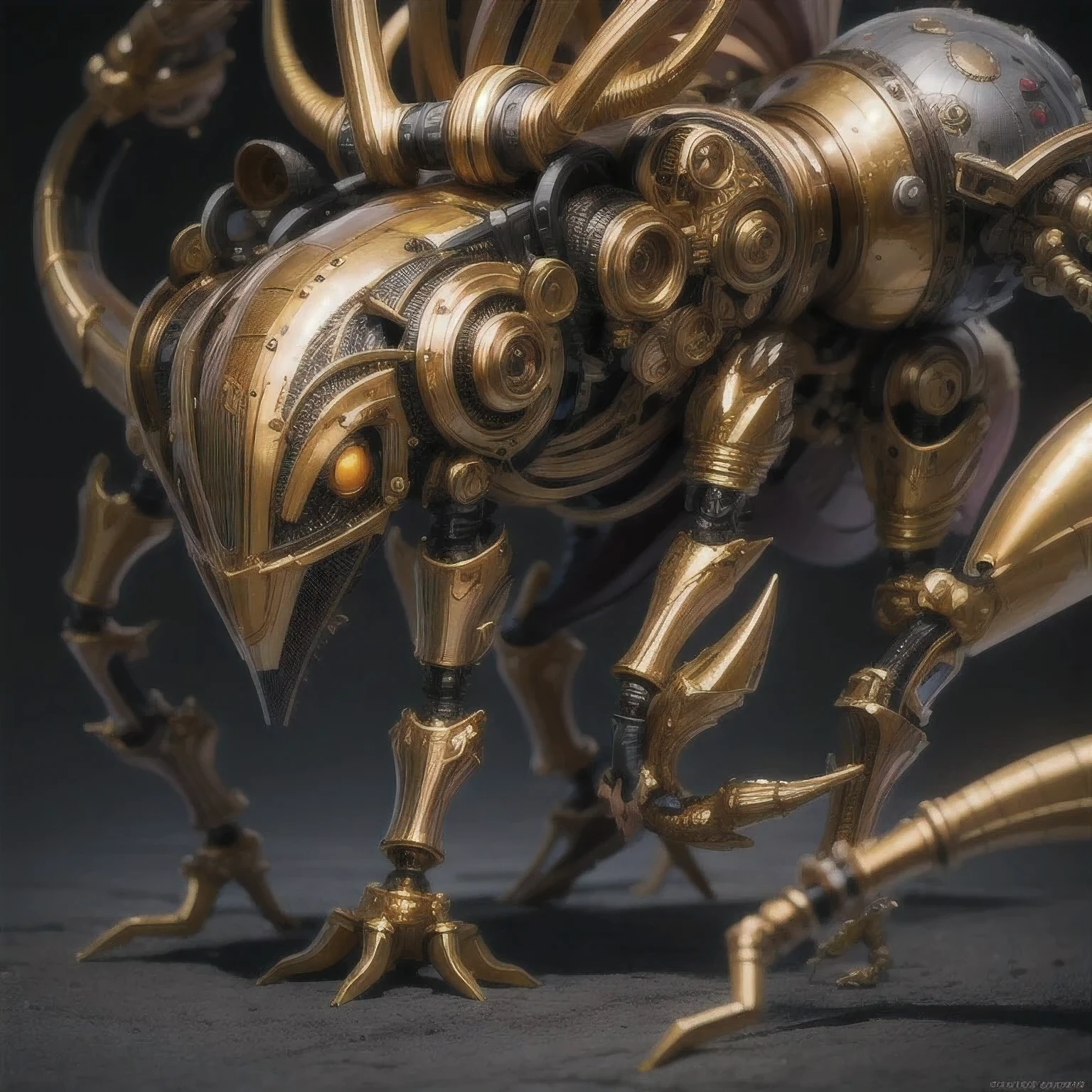 a close up of a golden spider with a black body and legs, steampunk spider, mechanical spider legs, arachnid, lolth, arachne, spider, steampunk robot scorpion, highly detailed barlowe 8 k, spider legs large, sculpture made of gold, by Hiroyuki Tajima, full samurai armor spiderman, giger spider joker, insectoid,(((Degenerator )))