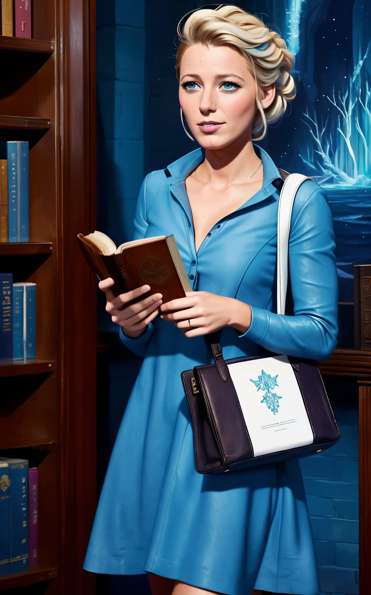 (Blake Lively:Elsa Pataky) is a librarian grabbing a book with strange symbols in the cover, (leather tote bag) . ((Blue shirt with white neck)) , Lovecraft atmosphere, 1920 style, masterpiece. 