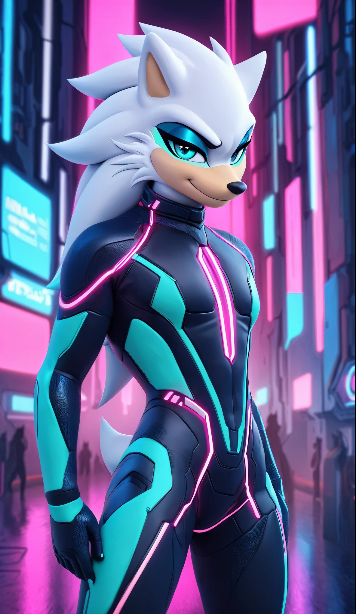 (((masterpiece:1.5, 4K, 8K))), a full body high quality digitally drawn rendered image ((by SEGA)) of A solo male anthro ((silver—white hedgehog)), with glowing blue eyes, ((metallic blue eyeliner:1.5)), (((tan muzzle))), wearing a (((sci-fi bodysuit))) stands in a neon-lit cyberpunk city The android's bodysuit is adorned with (((teal coloring:1.5))) with (((neon pink accents))), and intricate android seams, creating a futuristic look. the android has a seductive smirk on his face