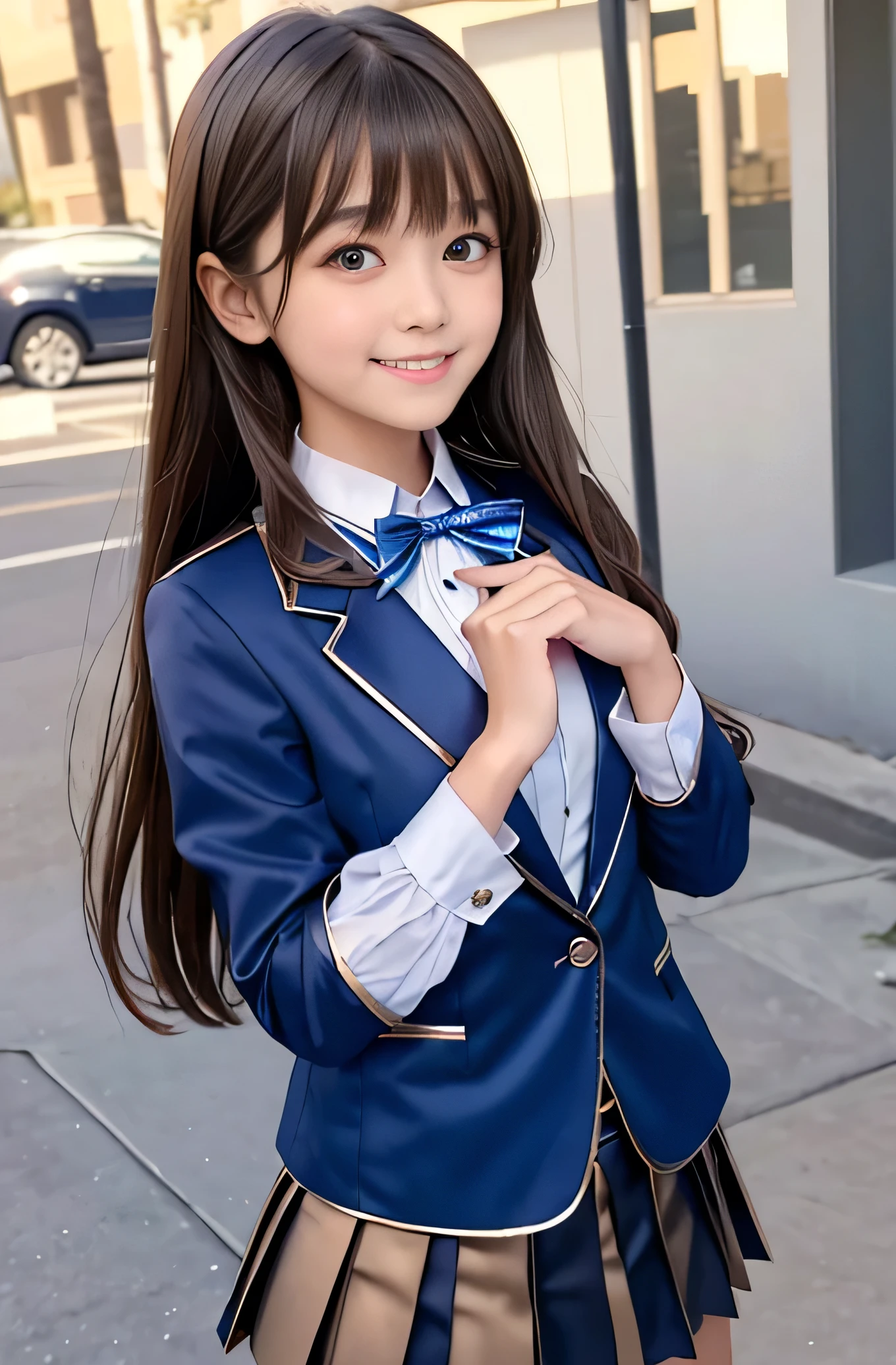 Angelic Very pretty cute young girl,
very beautiful girl,
(V-line jaw),
Beautiful detailed brown eyes, (clear-eyed:1.3),
small straight nose,small mouth,
Detailed double eyelids,
(Large eyes:1.3),
Long straight brown hair,
see-through bangs,
beautiful detailed face and eyes,
smiling, in the street,
BREAK
(super shiny metallic dark blue blazer:1.2),metallic pearl white school blouse,(shiny metallic bright pink neck bow tie:1.2),(super shiny metallic dark blue pleated skirt :1.5),(school uniform with super reflective surfaces:1.5),
(Very beautiful cute girl:1.2),
Very pretty cute young girl,
V-line jaw,
Beautiful detailed eyes,
very beautiful girl,
Detailed double eyelids,
(Large eyes:1.3),
Long straight brown hair,
see-through bangs,
beautiful detailed face and eyes,
smiling,
break
(Very beautiful cute girl, Beautiful detailed eyes, Detailed double eyelids:1.3),
(Soft Saturation: 1.3),
(Fair skin: 1.4),
(Large eyes:1.4),
break
Very beautiful cute girl,
Sharp Focus,
brown hair,
Very beautiful cute girl,
Raw photo,
High resolution,
perfect detail,
Professional Photography, Professional Lighting,
strong lighting,
break
(smile:1.6),realistic photo