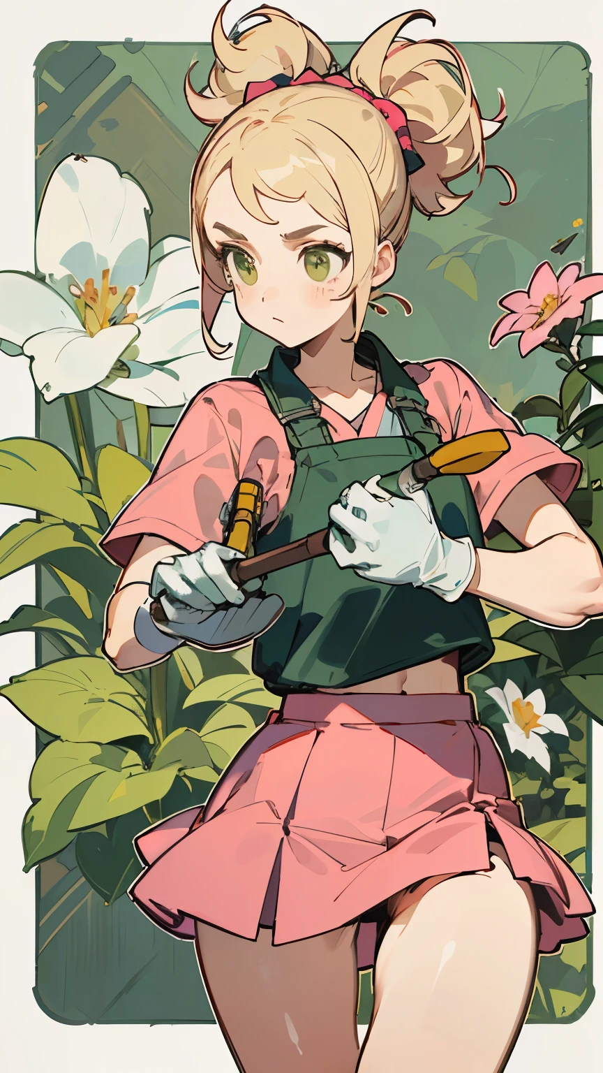 ((mejor calidad)), ((obra maestra)), (detallado), cara perfecta ((cuerpo completo)
the gardener girl cuerpo completo, grabbing gardening tools
  
cute pink MINI skirt, blonde hair with two ponytails
