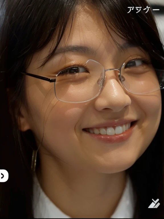Japanese women, Age 25。Wear glasses、Long Hair、Show smile、Absolutely single eyelids, so the back eyelids。Eliminates light reflections on eyeglass lenses