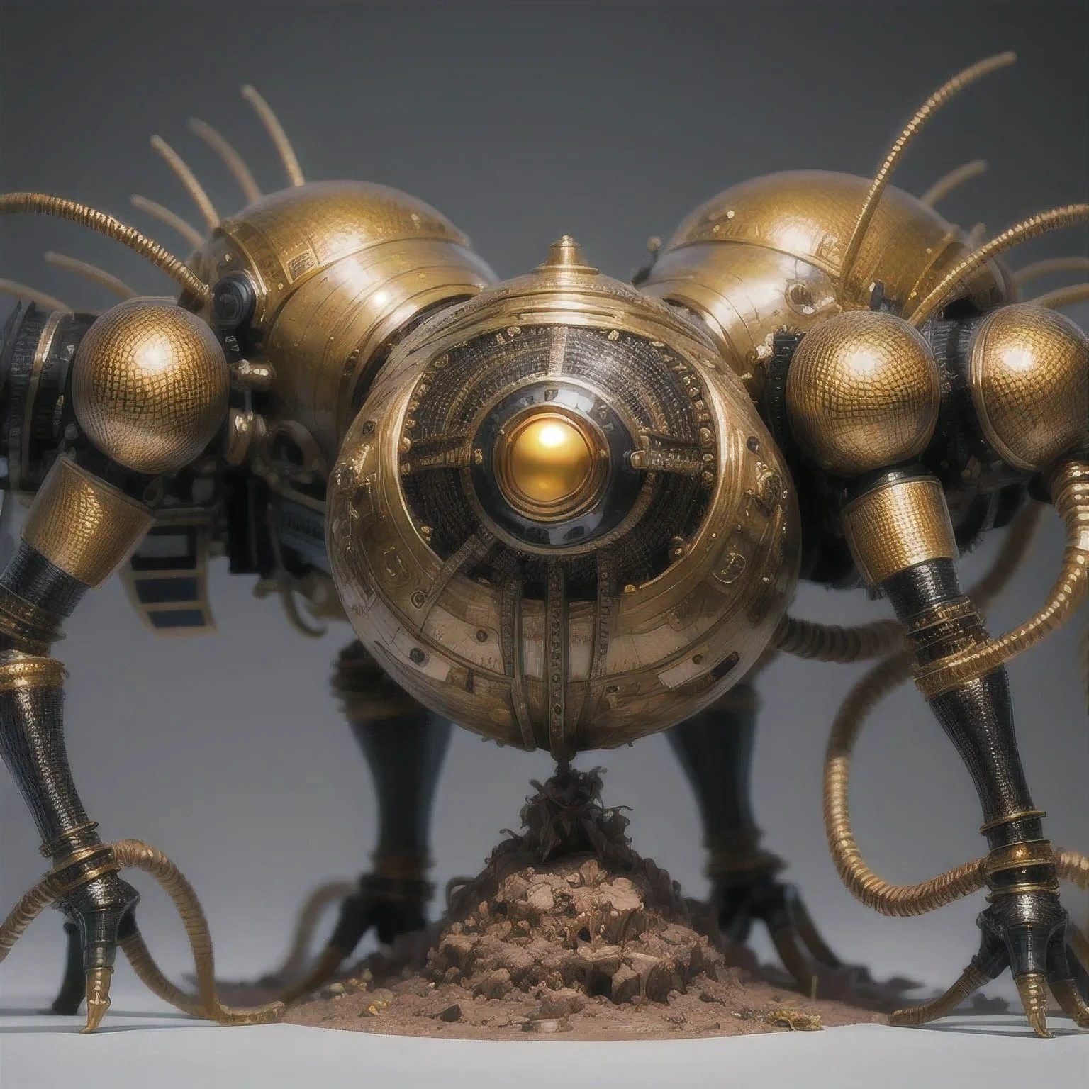a close up of a golden spider with a black body and legs, steampunk spider, mechanical spider legs, arachnid, lolth, arachne, spider, steampunk robot scorpion, highly detailed barlowe 8 k, spider legs large, sculpture made of gold, by Hiroyuki Tajima, full samurai armor spiderman, giger spider joker, insectoid,(((Degenerator )))