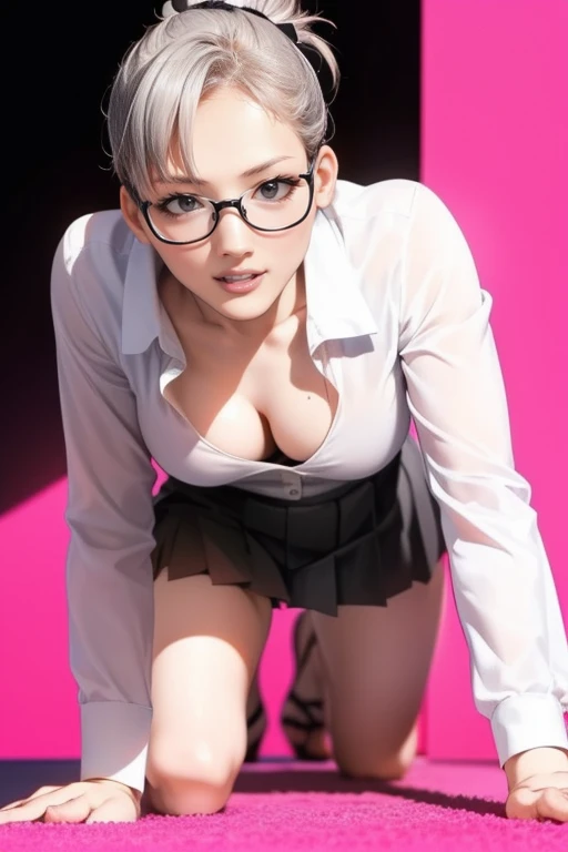 (on all fours:1.2),,,,,(pink lipstick:1.2),,,,shy,,,,(embarrassed,blush:1.3),,,glasses, eyes smaller,,,sexy pose,,,,,UHD, anatomically correct, super detail, high details, best quality, 8k , depth of field,,,1 female,,38 years old,,,(short hair,Lower ponytail,silver hair:1.2),,,necklace,large breast,,(button gap:1.3),(white shirt,,black very short pleated miniskirt:1.2),