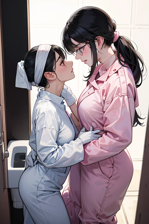 Wearing large pink rubber gloves, white rubber boots and a white cloth wrapped around her head、Two mature women with glasses and black hair tied up in blue long sleeve jumpsuits making love in a dirty public toilet in a park