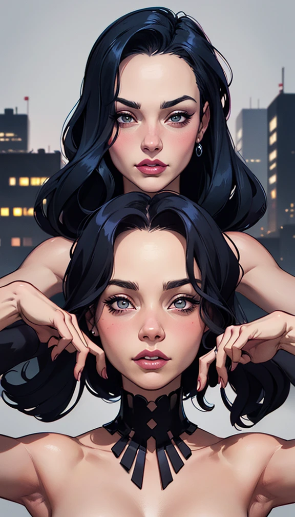 Personagem Christina Ricci cabelo preto estilo Morticia AddamsImagem de desenho animado de uma mulher .cartoon style illustration, estilo de arte dos desenhos animados, estilo de arte dos desenhos animados, digital illustration style, design de personagens altamente detalhado, arte digital detalhada fofa, City fan art, Design de personagens de retrato, beautiful digital illustration, retrato de alta qualidade, Arte em quadrinhos, jovem expressando desejo sexual. Corpo inteiro esculturalHarley quinzel