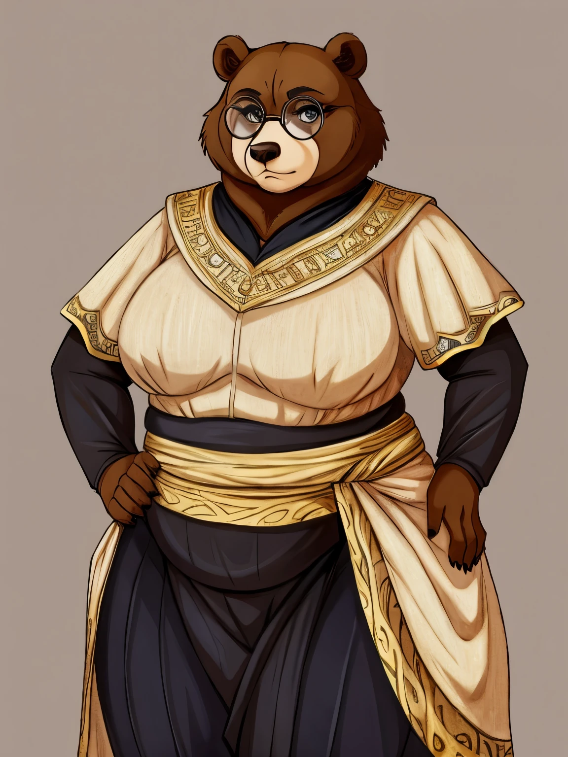 middle aged woman, brown bear, fat, obese, massive hips, grey anime eyes, Slavic clothing, hands on hips, annoyed expression, round glasses