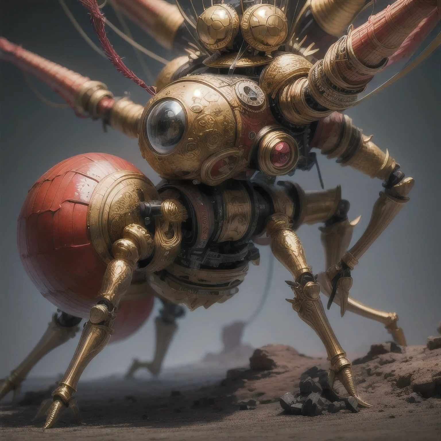 a close up of a golden spider with a 紫粉白 body and legs, steampunk spider, Mechanical spider red and white legs, arachnid, lolth, arachne, spider, steampunk robot scorpion, highly detailed barlowe 8 k, Bright orange legs large, sculpture made of gold, by Hiroyuki Tajima, full samurai armor spiderman, giger spider joker, insectoid,(((Degenerator )))
